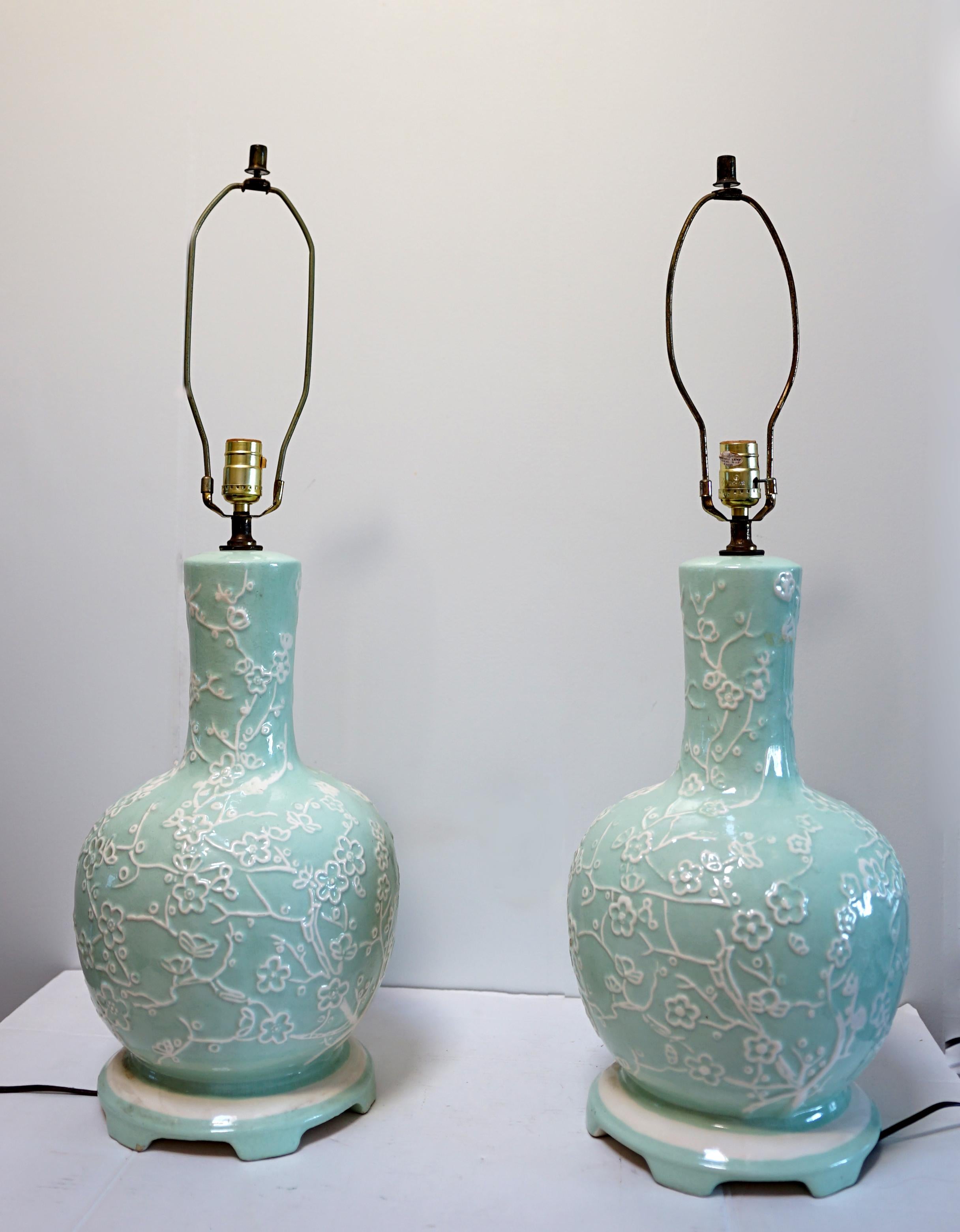 Pair of Robin's Egg Blue Mid Century Large Table Lamps with Blossom Design For Sale 4