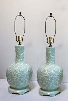 Pair of Robin's Egg Blue Mid Century Large Table Lamps with Blossom Design