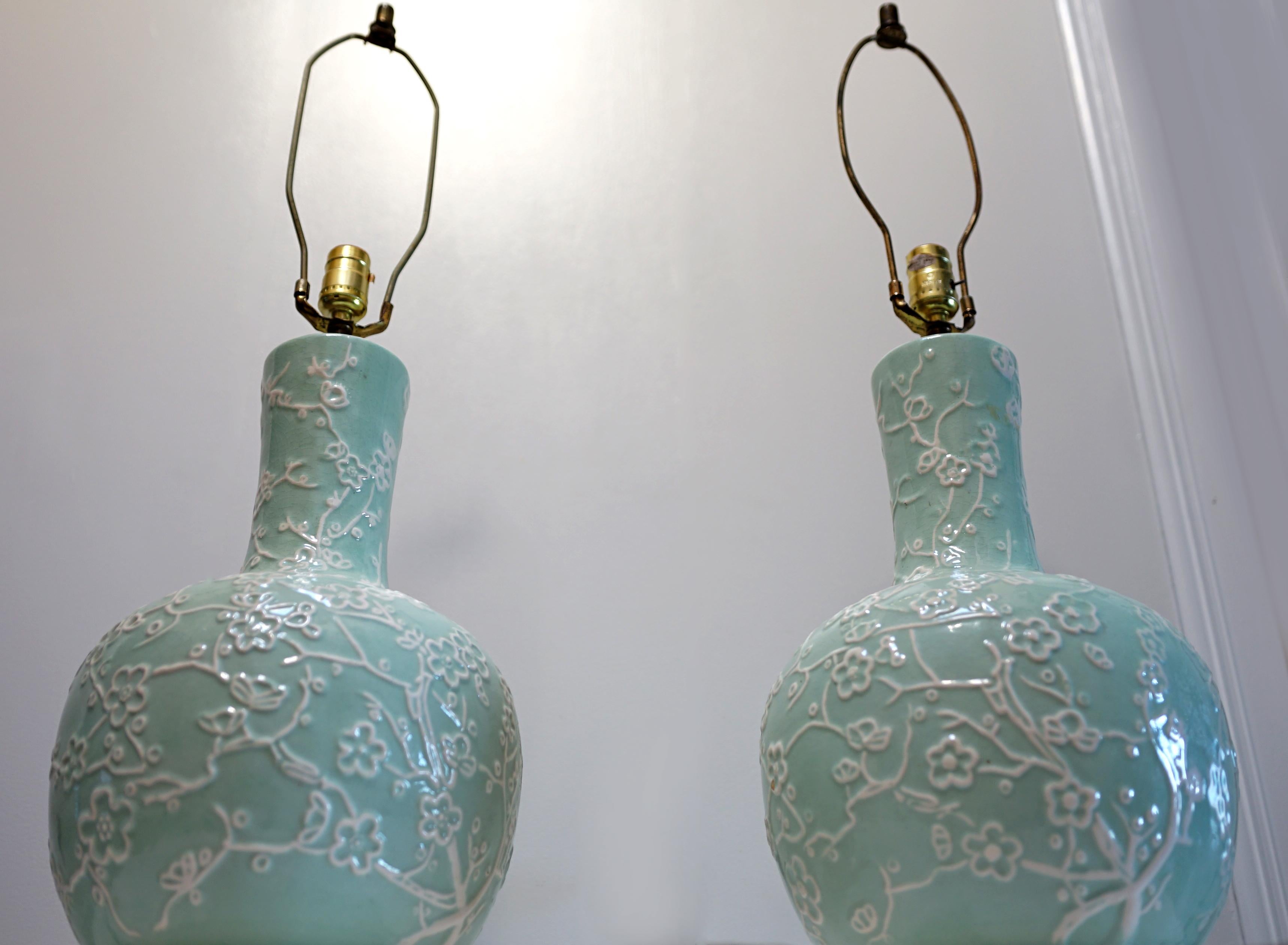 Glazed Pair of Robin's Egg Blue Mid Century Large Table Lamps with Blossom Design For Sale