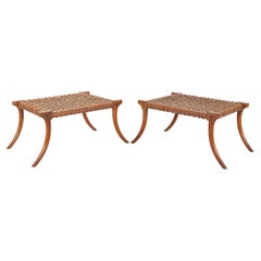 Pair of Robsjohn-Gibbings Style Walnut Klismos Rope Benches