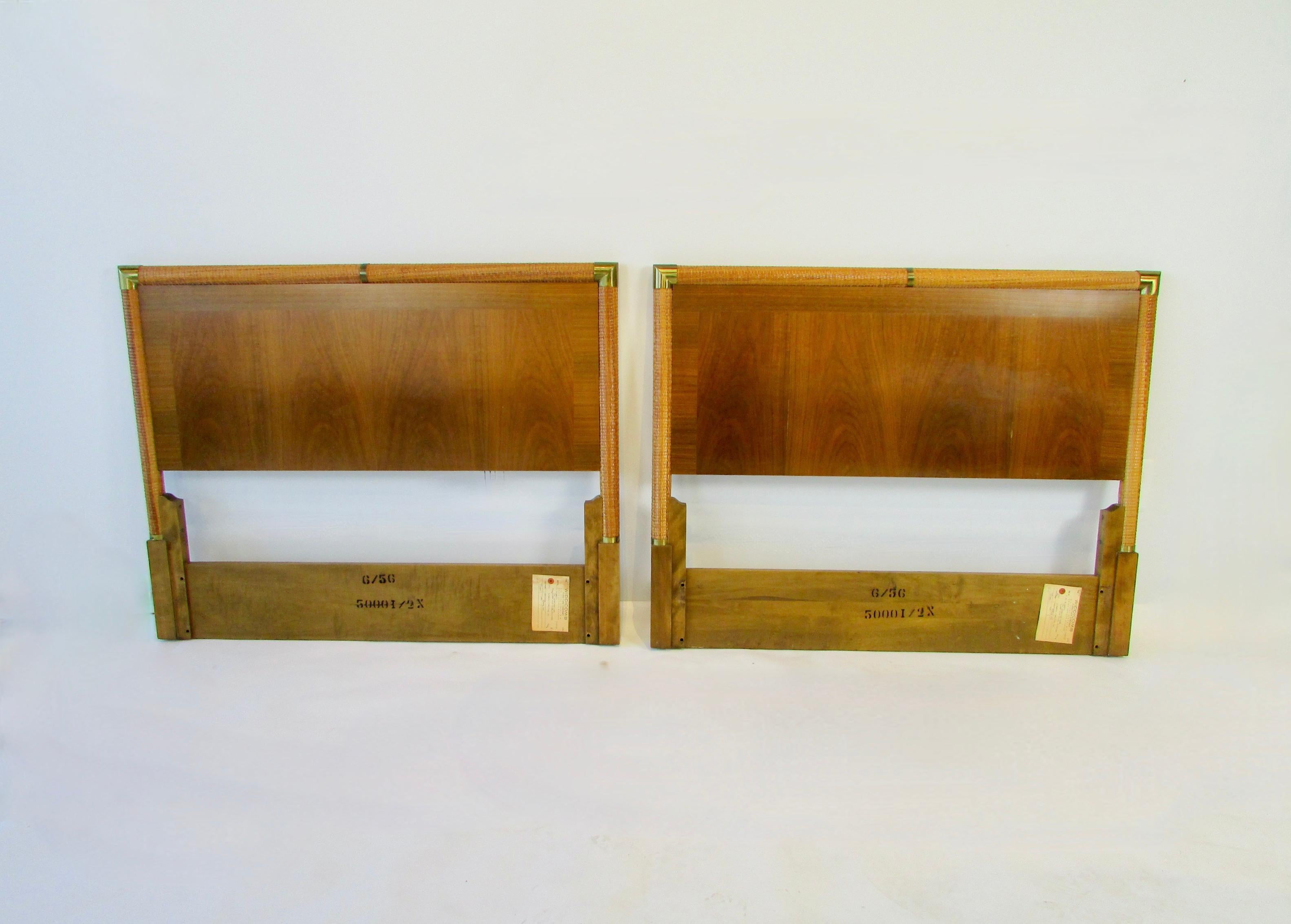 Very clean original Robsjohn Gibbings for Widdicomb headboards for single bed. Well made with rafia wrapped frame in excellent condition. Widdicomb paper label and date stamped 6/56.