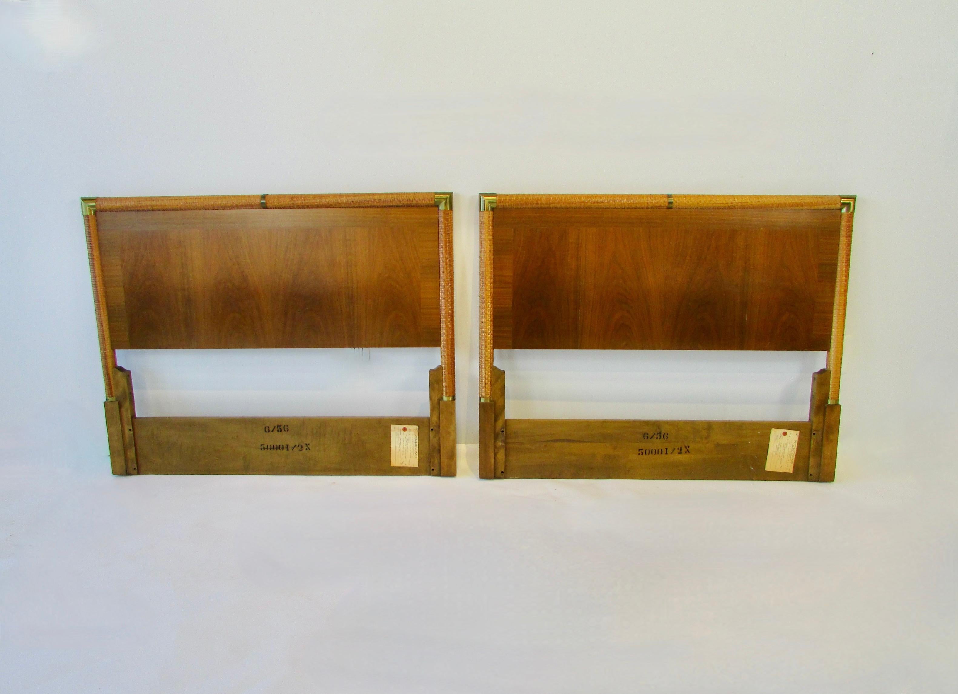 Mid-Century Modern Pair of Robsjohn Gibbings Widdicomb Walnut Head Boards with Rafia Wrapped Frame For Sale