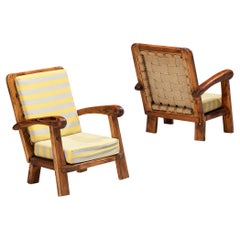 Pair of Robust Armchairs in Pinewood with Striped Pillows