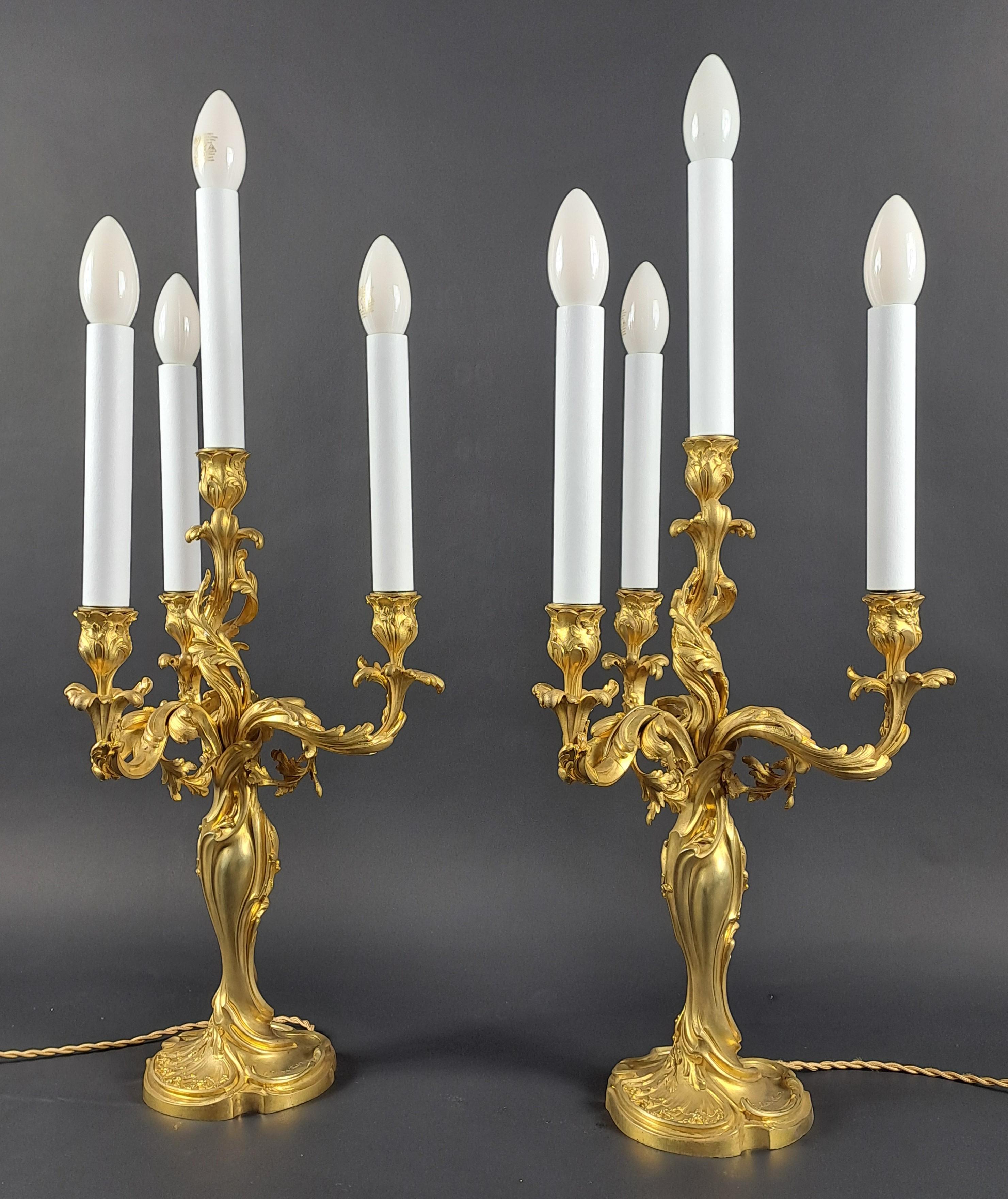 Pair Of Rocaille Candelabras In Gilded Bronze Signed Eugène Lelièvre, Susse (Louis XV.) im Angebot