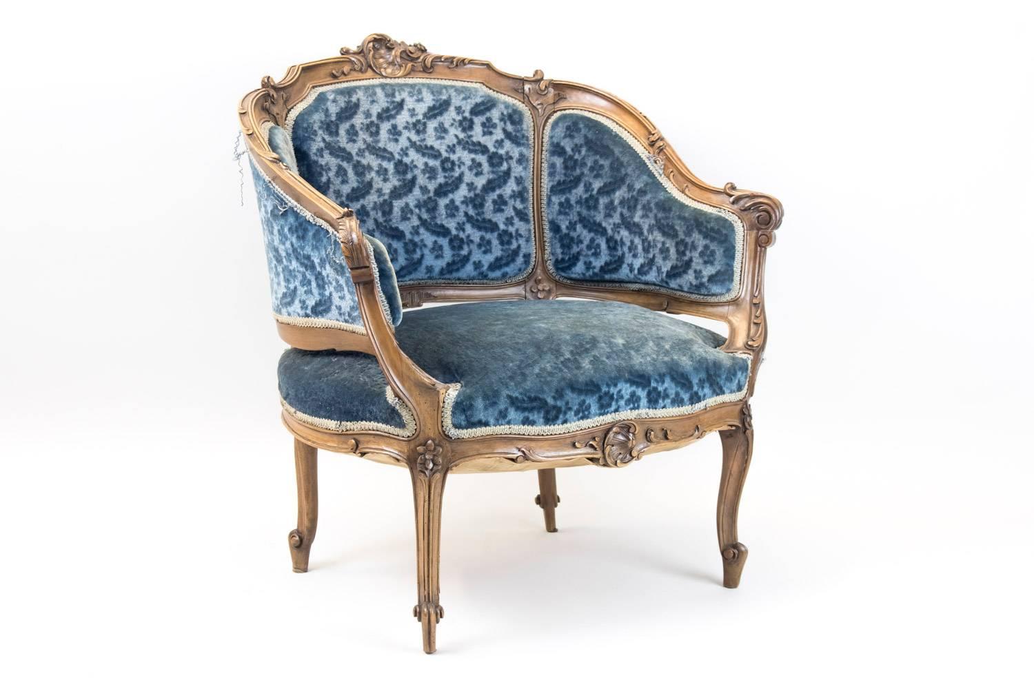 Carved Pair of Rocaille Style Bergere Armchairs, Blue Velvet Trim, Napoleon III Period