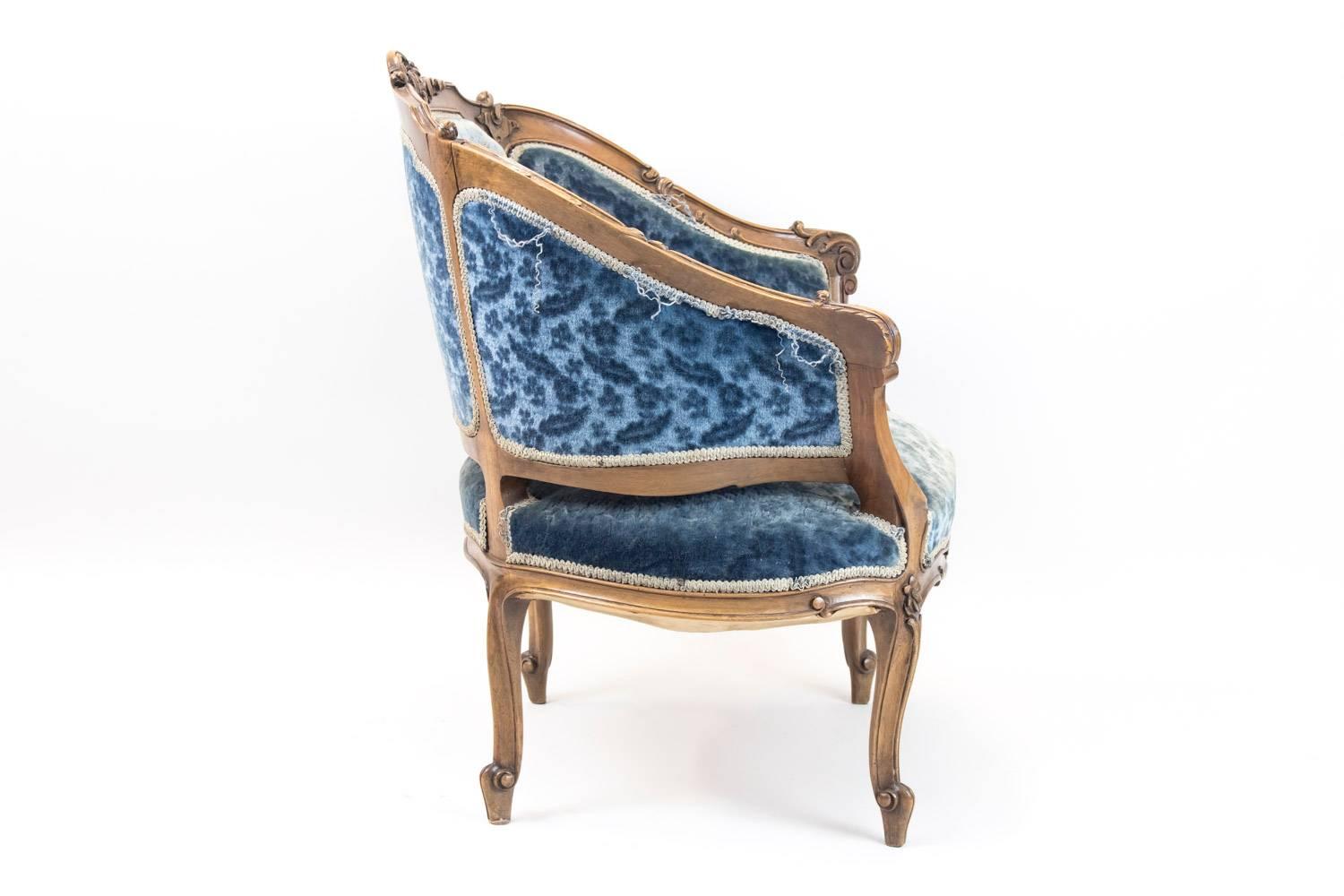 Pair of Rocaille Style Bergere Armchairs, Blue Velvet Trim, Napoleon III Period In Good Condition In Saint-Ouen, FR