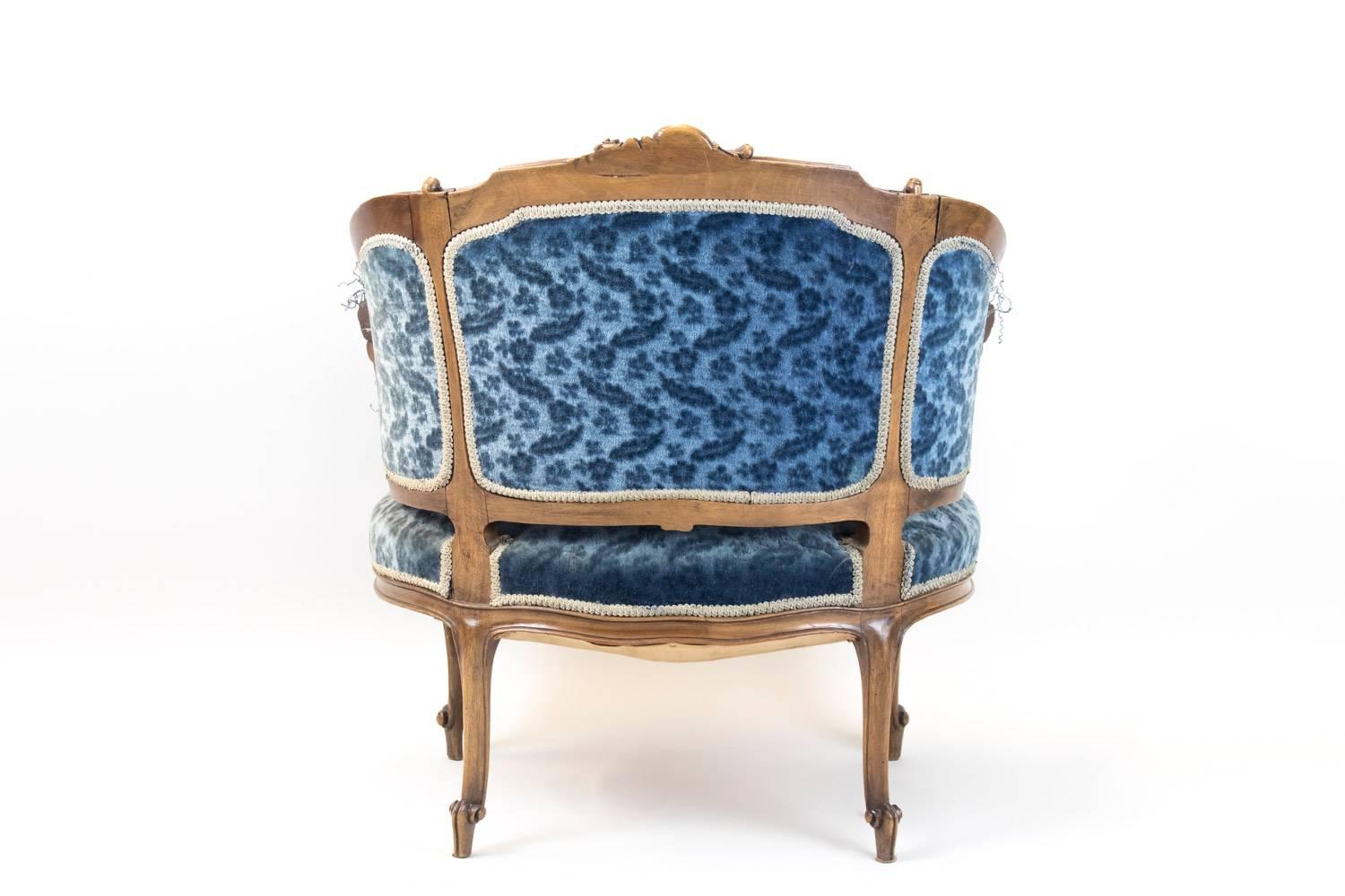 19th Century Pair of Rocaille Style Bergere Armchairs, Blue Velvet Trim, Napoleon III Period