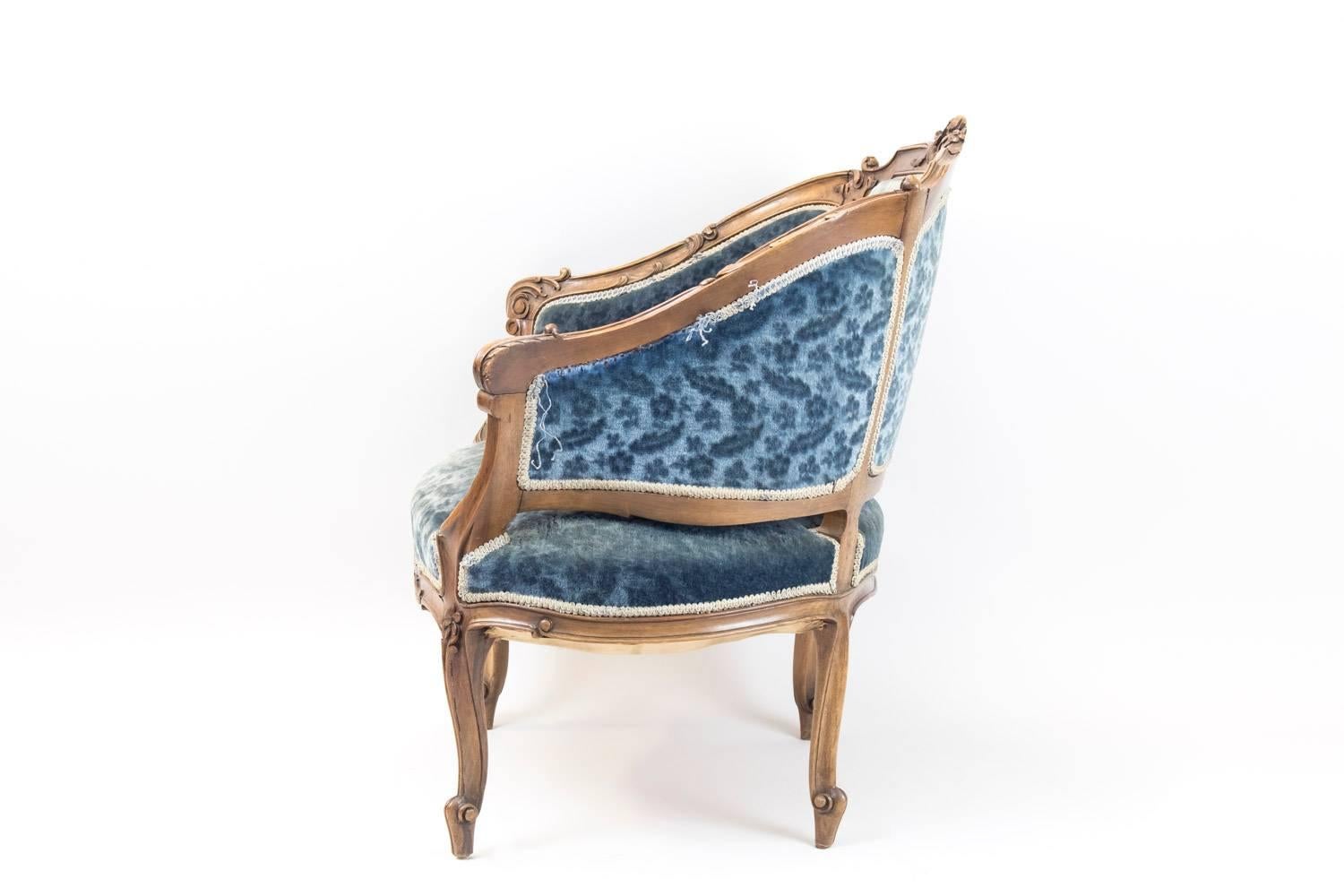 Pair of Rocaille Style Bergere Armchairs, Blue Velvet Trim, Napoleon III Period 1