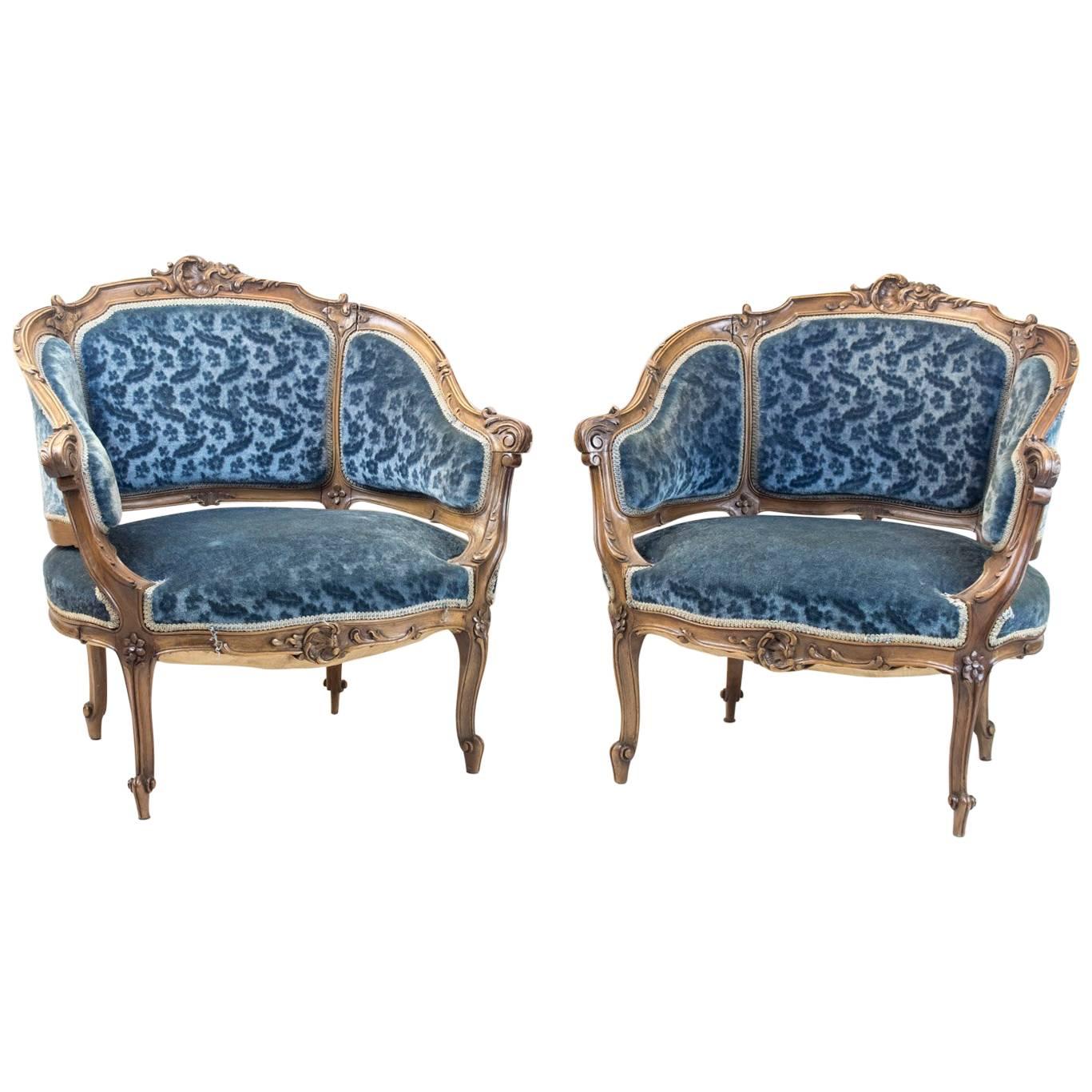 Pair of Rocaille Style Bergere Armchairs, Blue Velvet Trim, Napoleon III Period