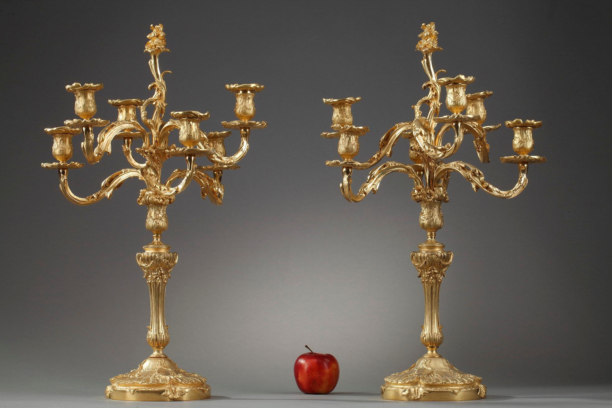 Pair of gilt bronze candelabras in the Louis XV style chased with foliage and flowers. The six twisted arms of light decorated with foliage give a feeling of movement typical of the rocaille style. The circular base supports a central fluted shaft