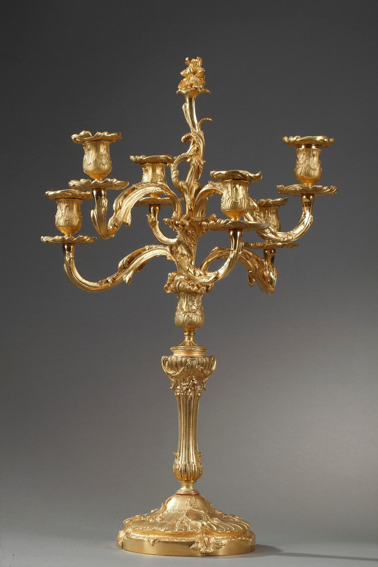 Louis XV Pair of Rocaille Style Candelabras in Gilt Bronze