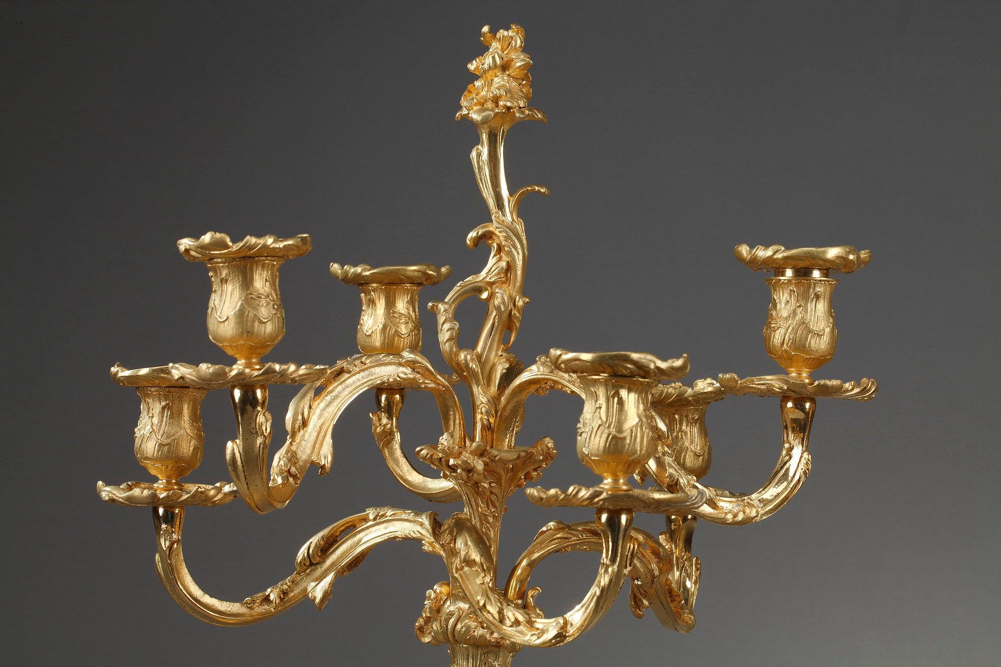 Mid-19th Century Pair of Rocaille Style Candelabras in Gilt Bronze