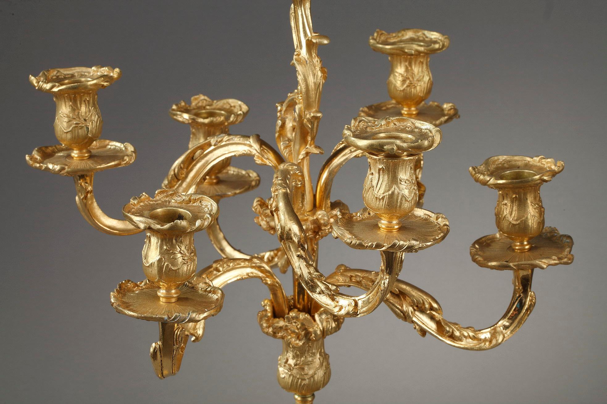 Pair of Rocaille Style Candelabras in Gilt Bronze 1