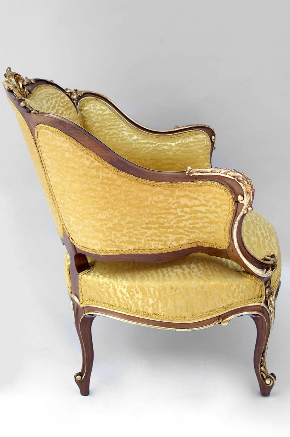 Pair of Rocaille Style Natural Walnut Bergère, Gilt Highlights, circa 1880 4