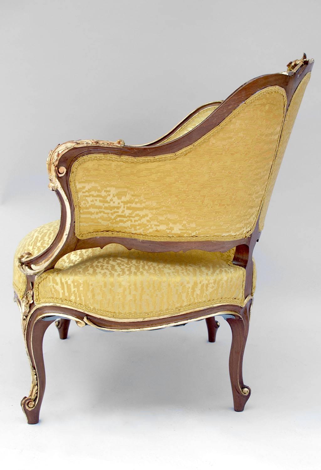 Pair of Rocaille Style Natural Walnut Bergère, Gilt Highlights, circa 1880 5