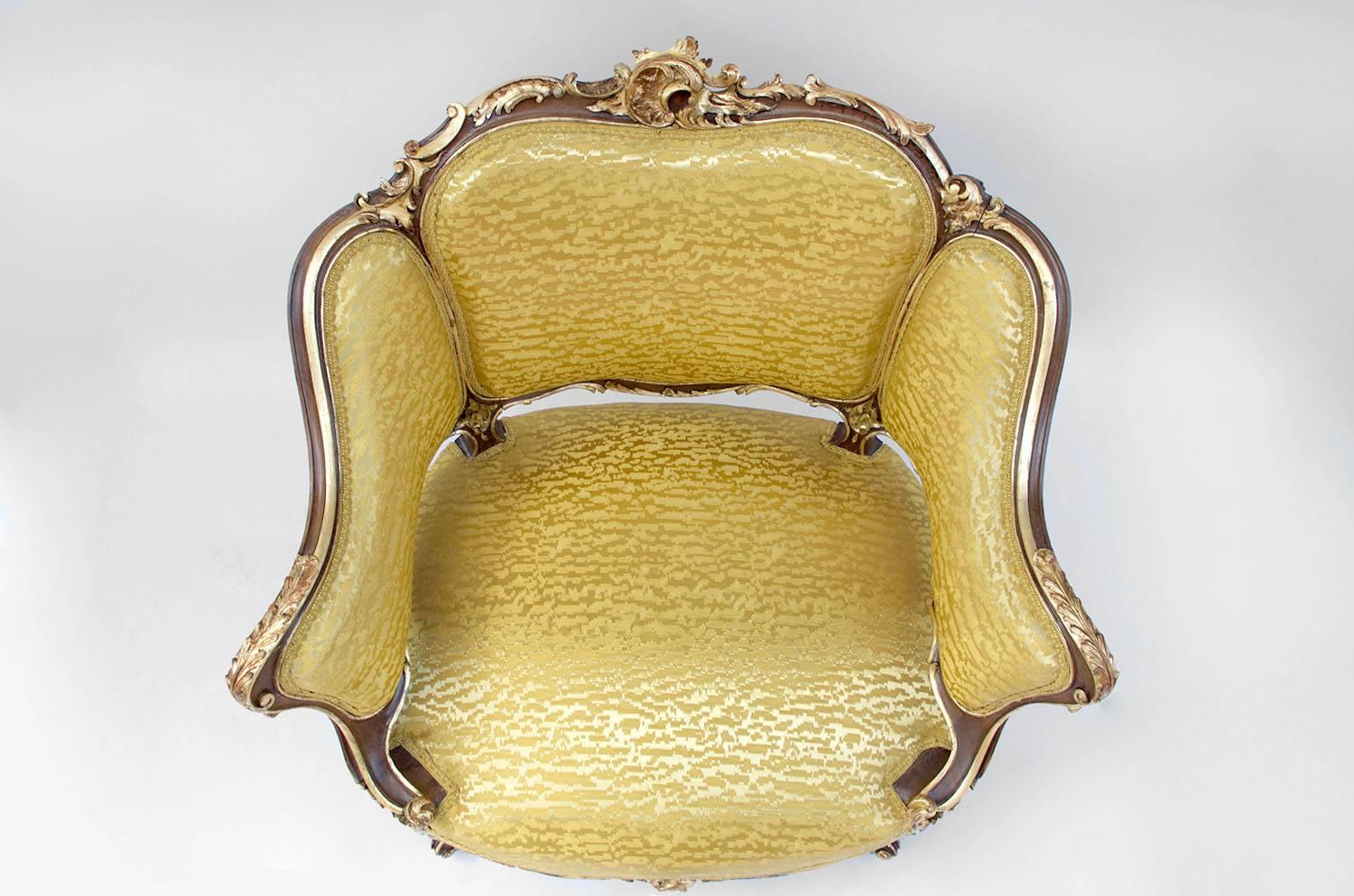 Rococo Pair of Rocaille Style Natural Walnut Bergère, Gilt Highlights, circa 1880