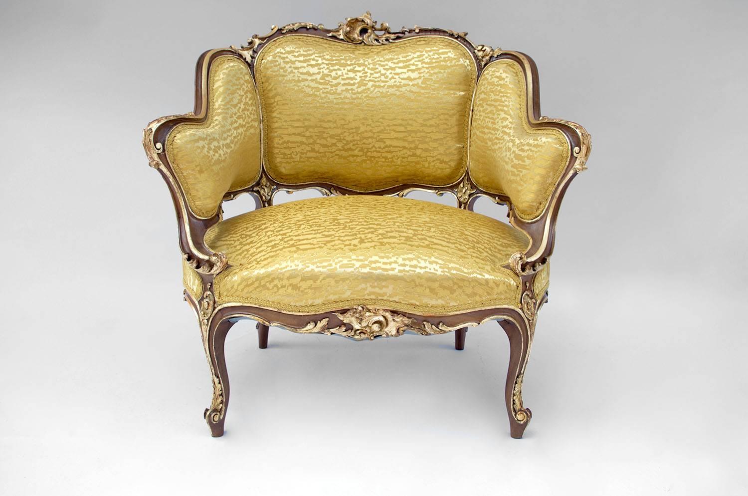 Pair of Rocaille Style Natural Walnut Bergère, Gilt Highlights, circa 1880 2