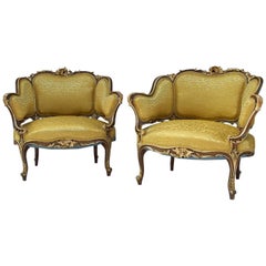 Pair of Rocaille Style Natural Walnut Bergère, Gilt Highlights, circa 1880