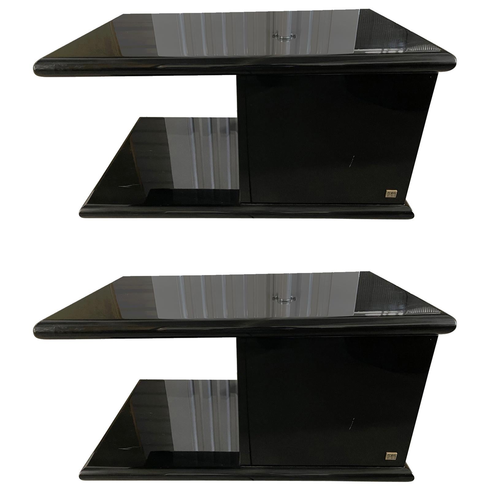 Pair of Roche Bobois Black Lacquer End or Night Tables, Circa 1985