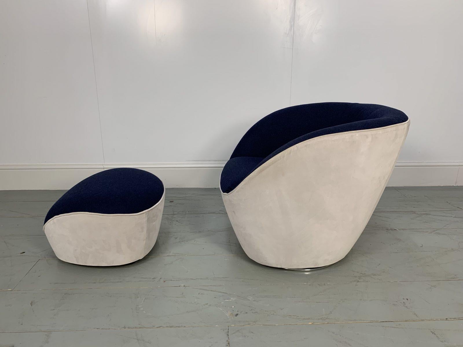 Modern Pair of Roche Bobois “Edito” Swivel Armchairs and Ottomans in Velvet and Wool