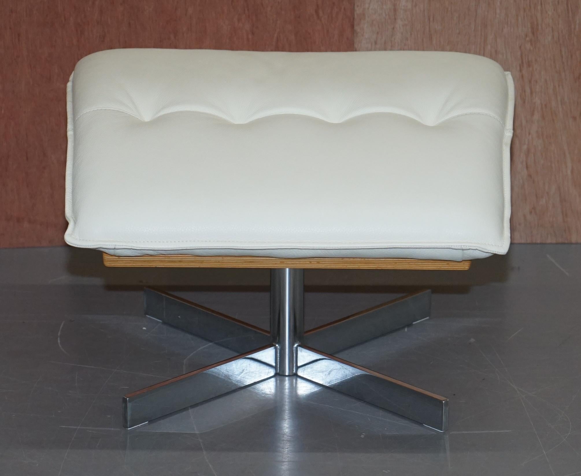 Pair of Roche Bobois Flight Swivel Cream Leather Armchairs and Ottomans 5