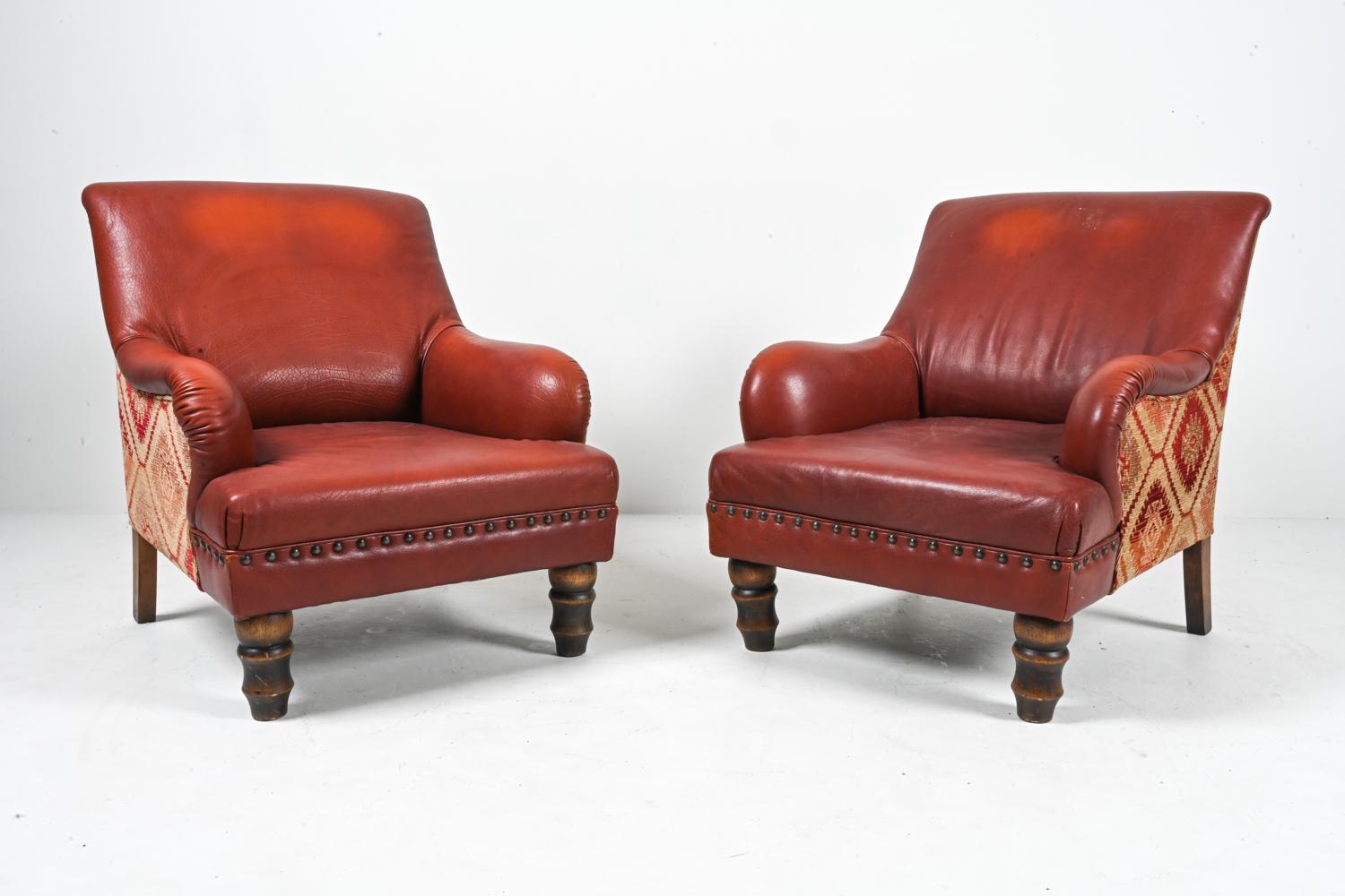 Mid-Century Modern Pair of Roche Bobois Leather & Kilim Lounge Chairs For Sale