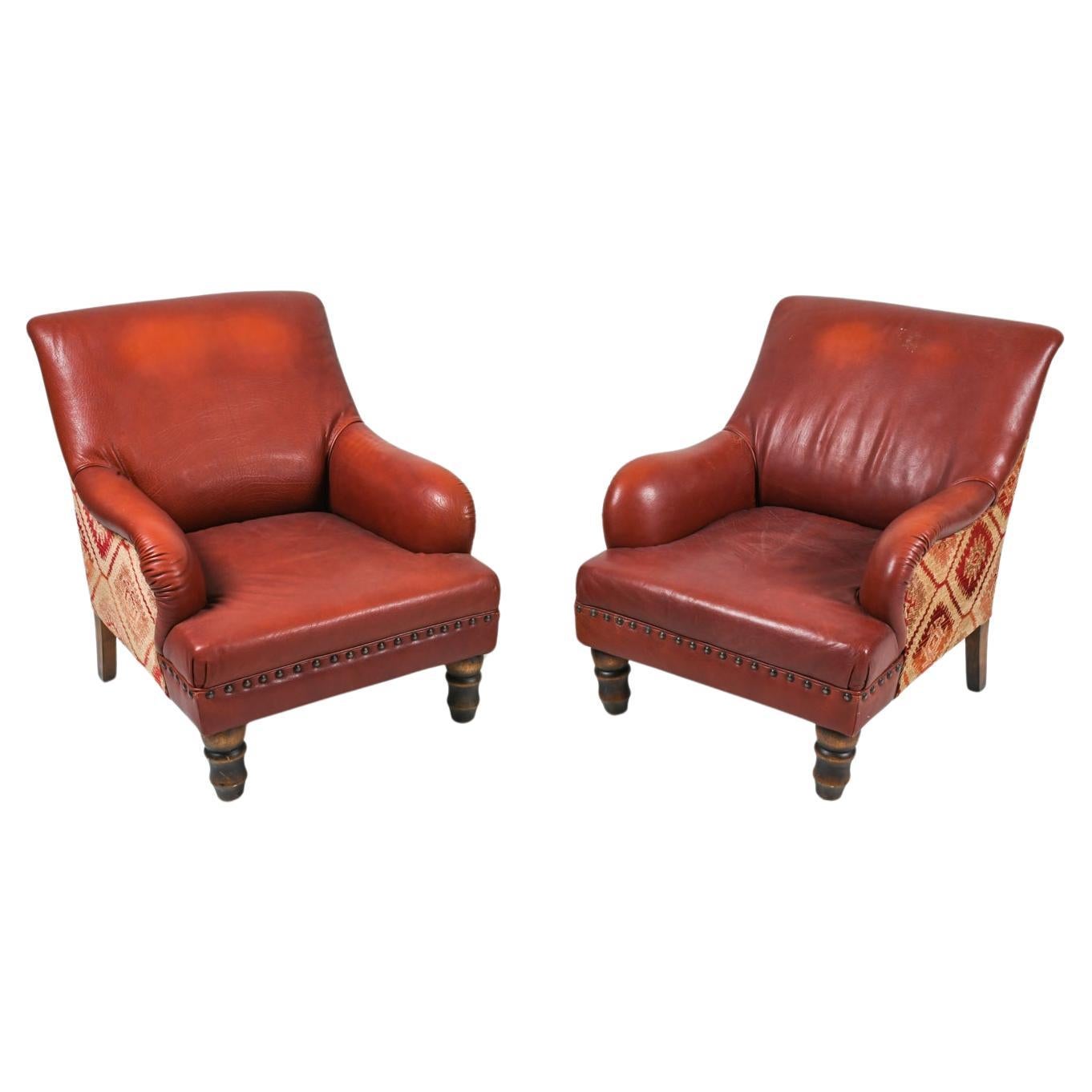 Pair of Roche Bobois Leather & Kilim Lounge Chairs For Sale