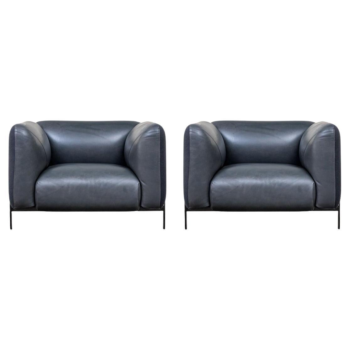 Pair Of Roche Bobois Leather Lobby Club Chairs By Cedric Ragot