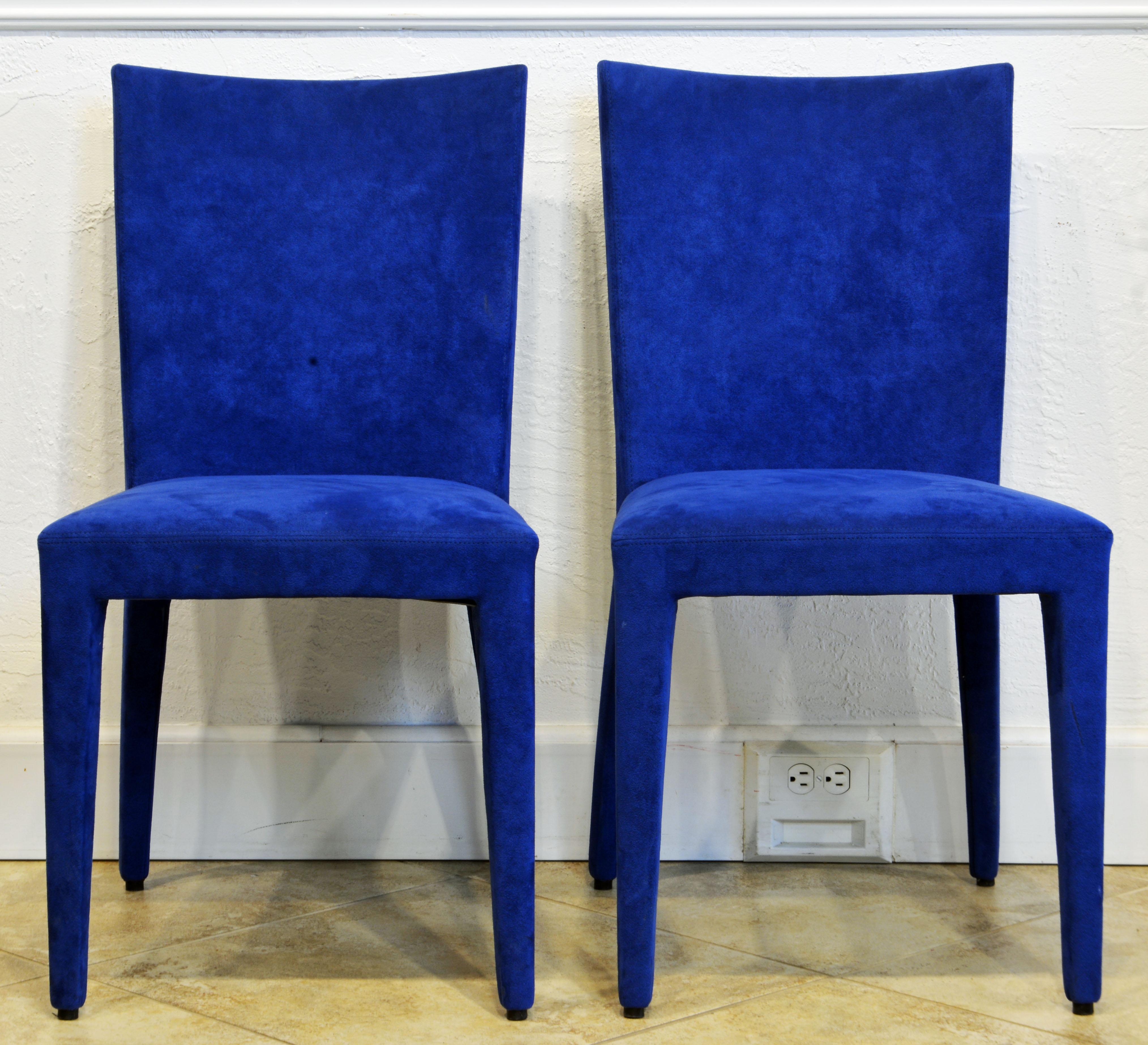 Great design and craftsmanship by legendary Roche Bobois, Paris. Covered over all in radiant blue stitched suede these side chairs make a contemporary design statement.