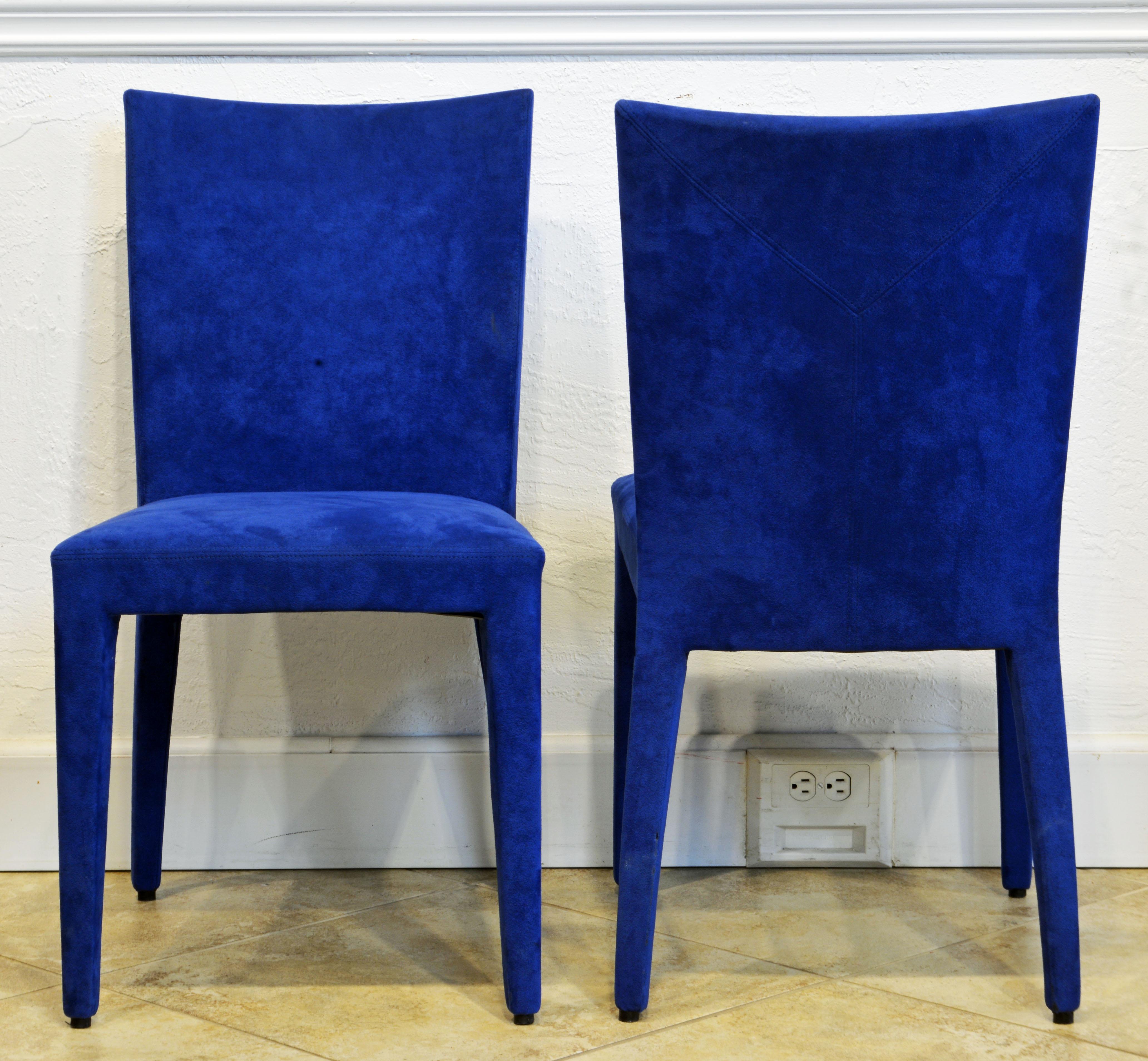 Modern Pair of Roche Bobois Paris Blue Suede Covered Side Chairs