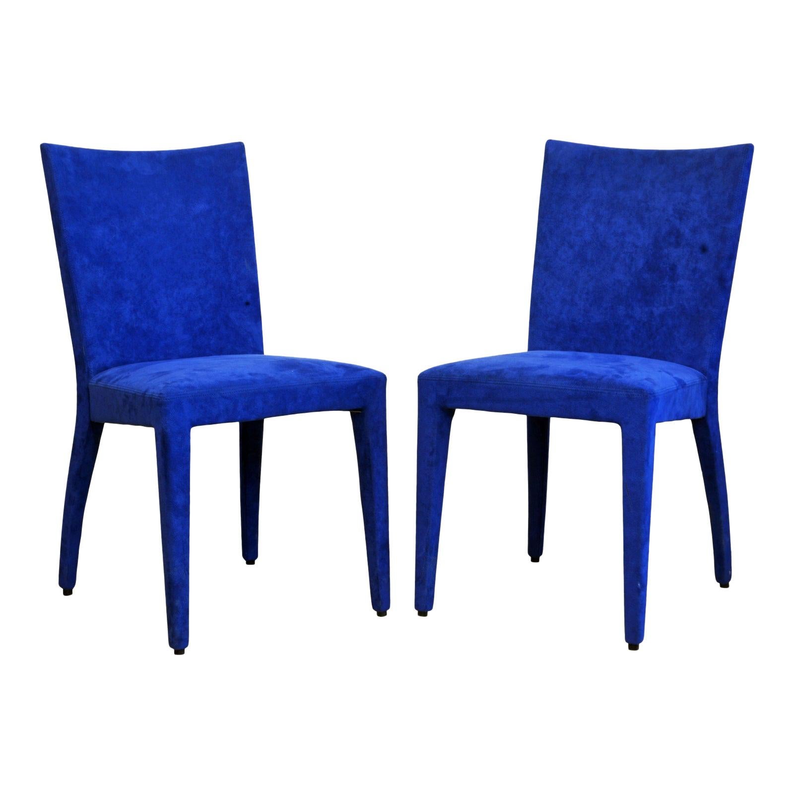 Pair of Roche Bobois Paris Blue Suede Covered Side Chairs