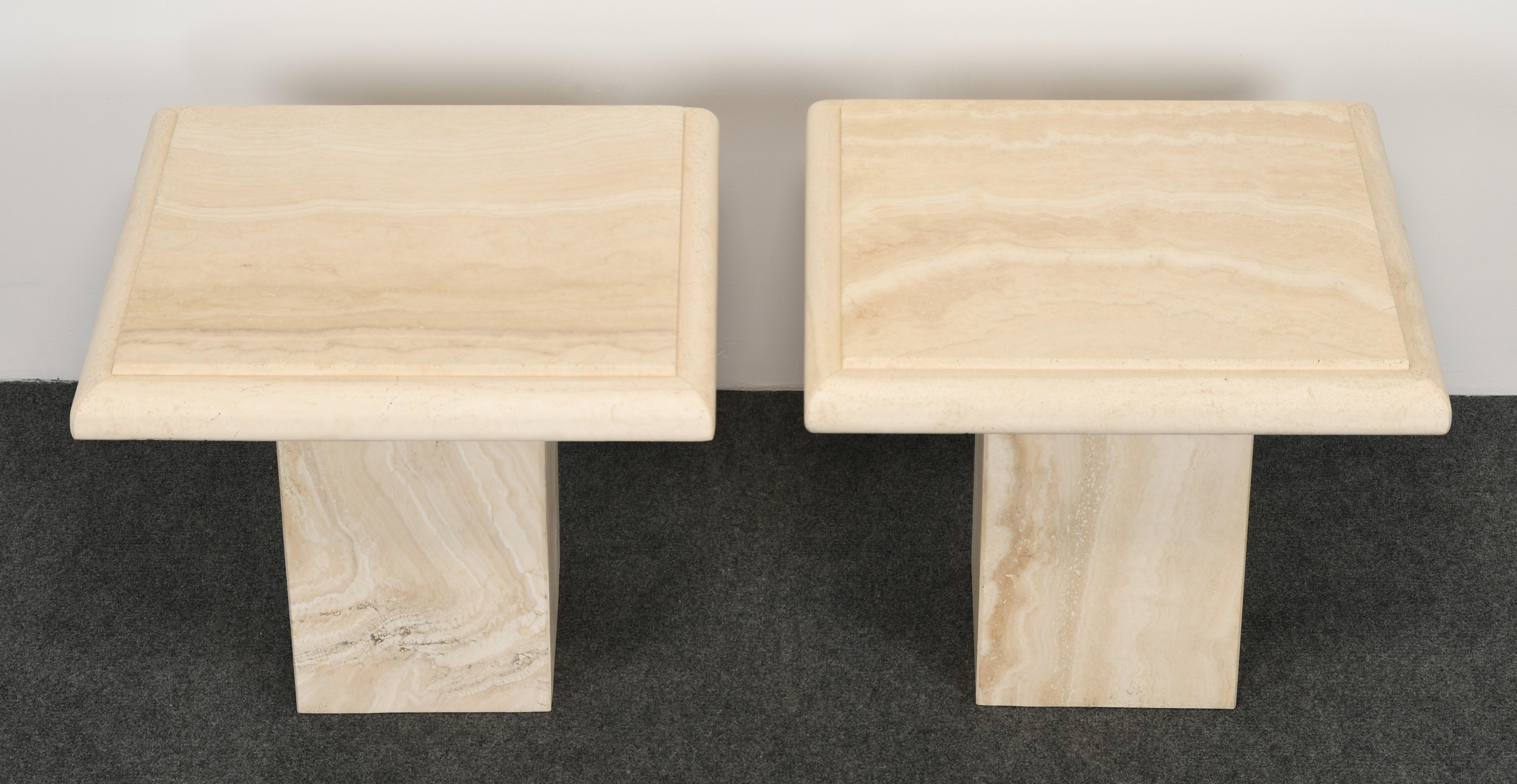 Mid-Century Modern Pair of Roche Bobois Style Travertine Side or End Tables, 1970s