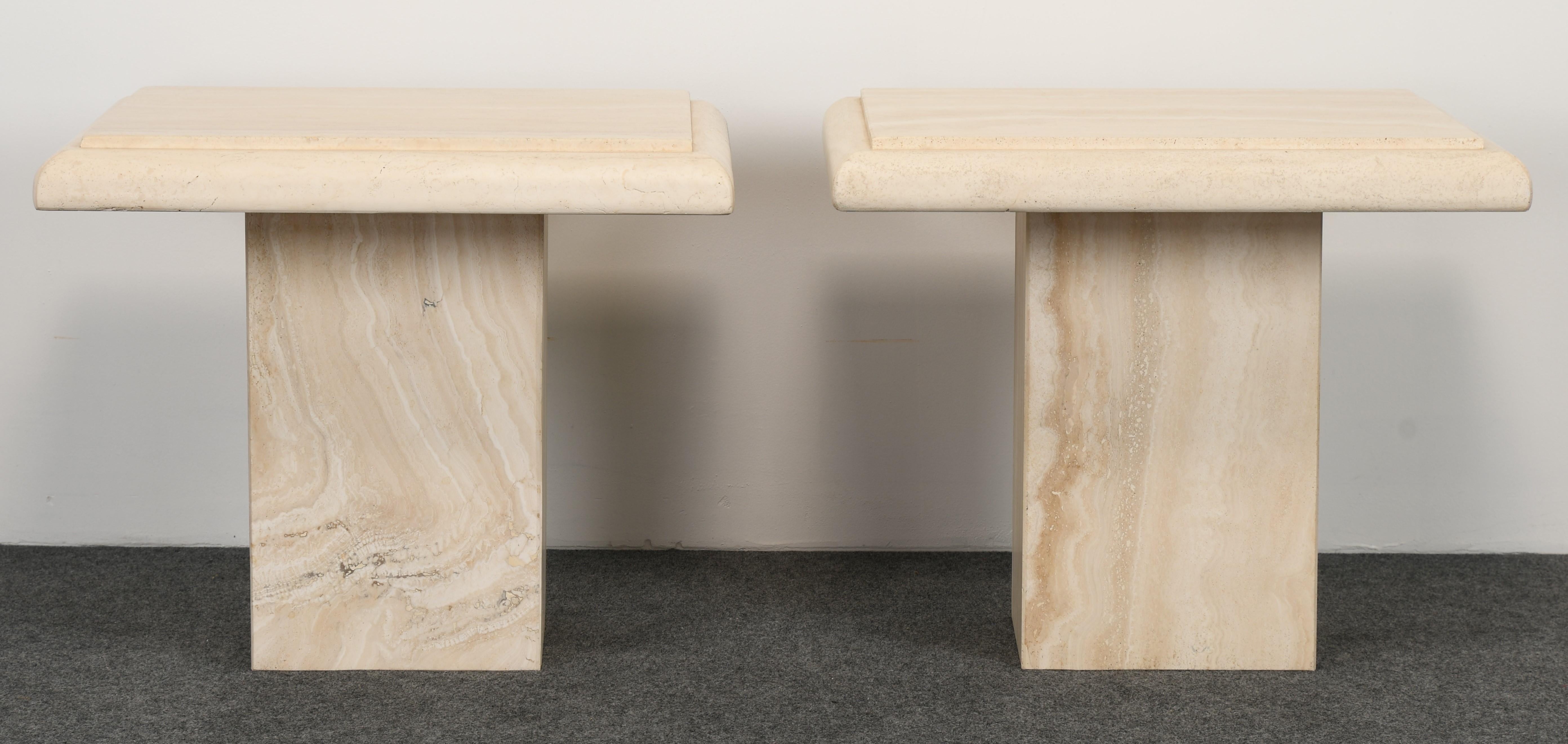 Italian Pair of Roche Bobois Style Travertine Side or End Tables, 1970s