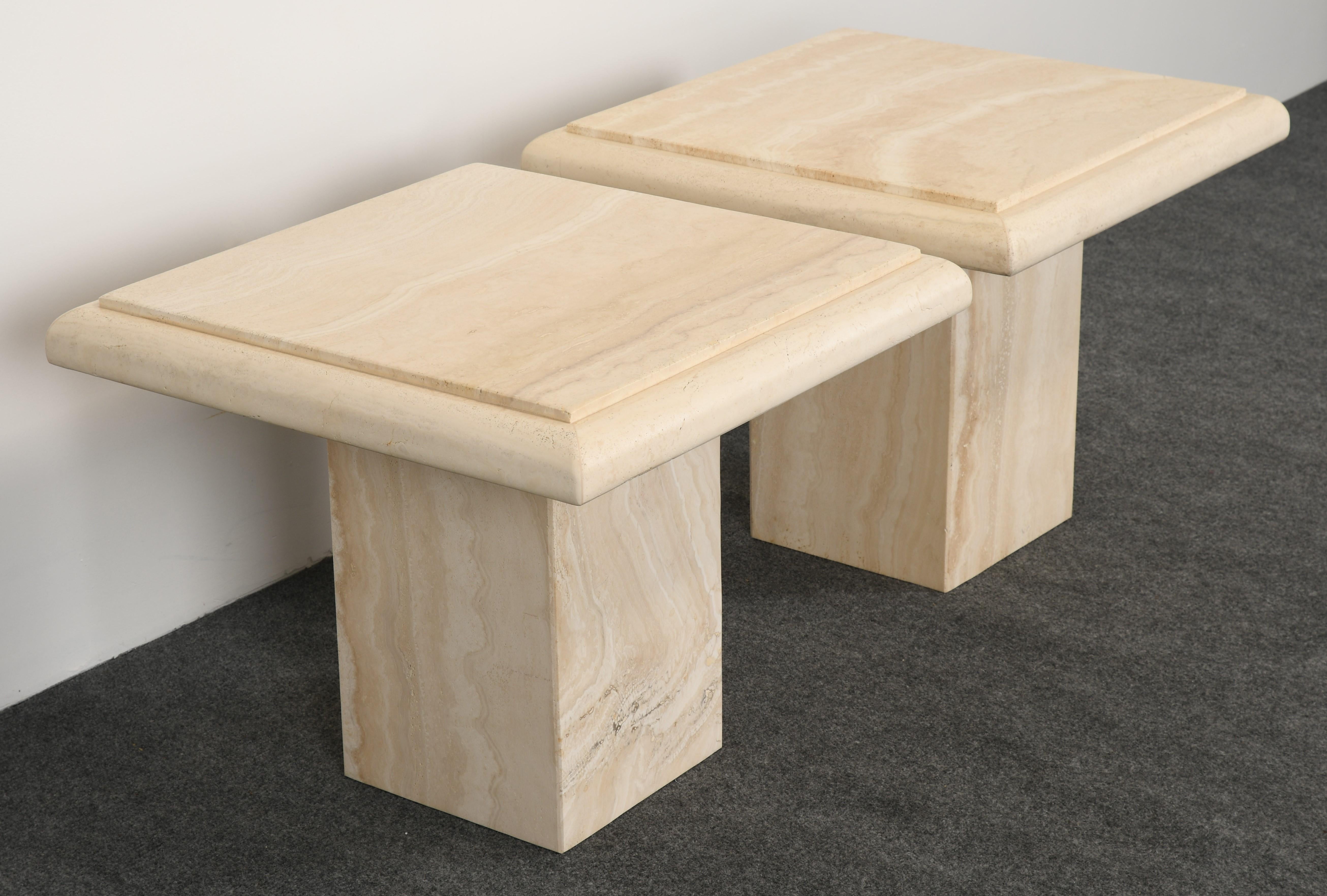 Late 20th Century Pair of Roche Bobois Style Travertine Side or End Tables, 1970s