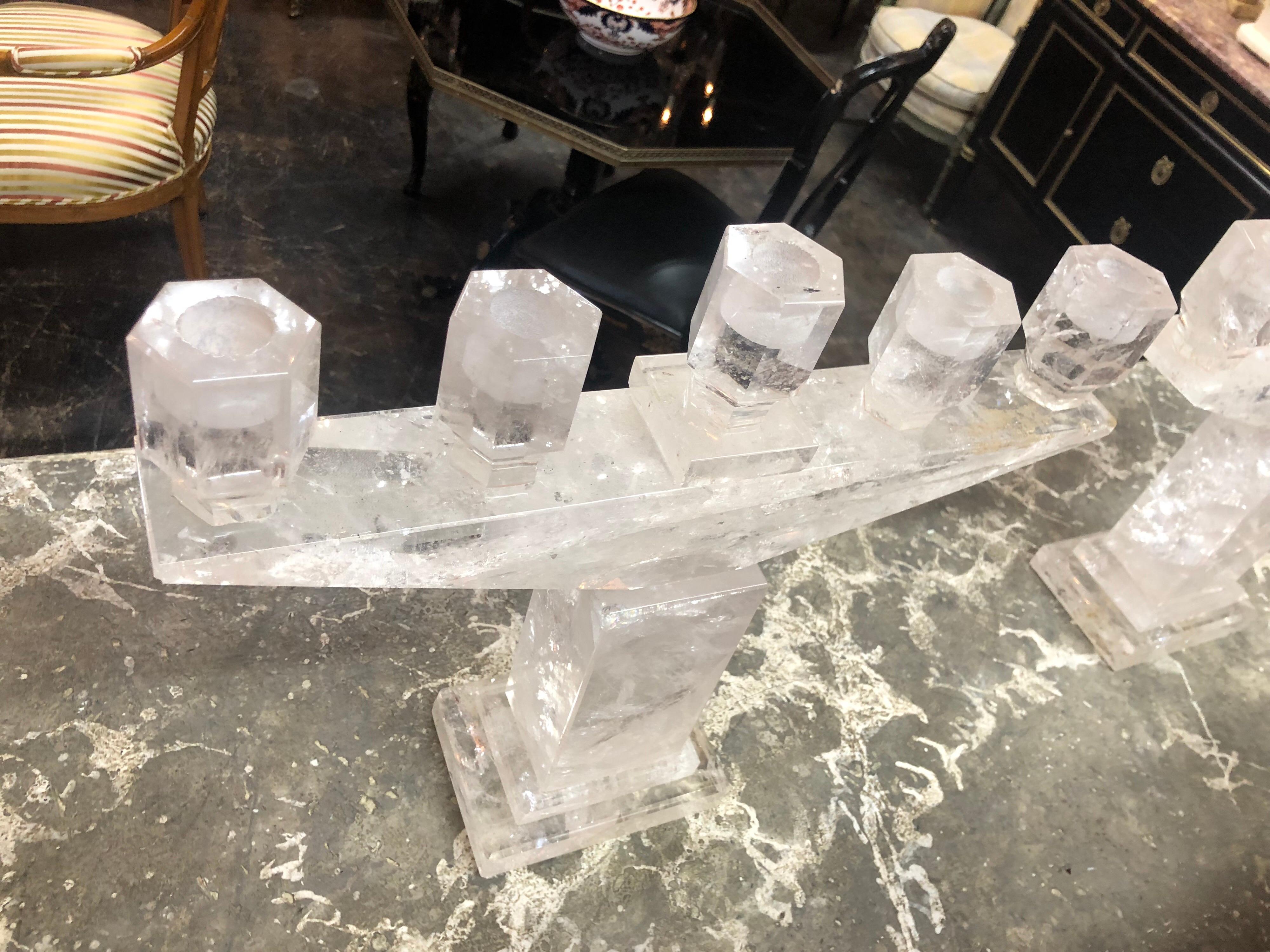 Pair of Rock Crystal 5 Light Candelabras In Good Condition For Sale In Dallas, TX