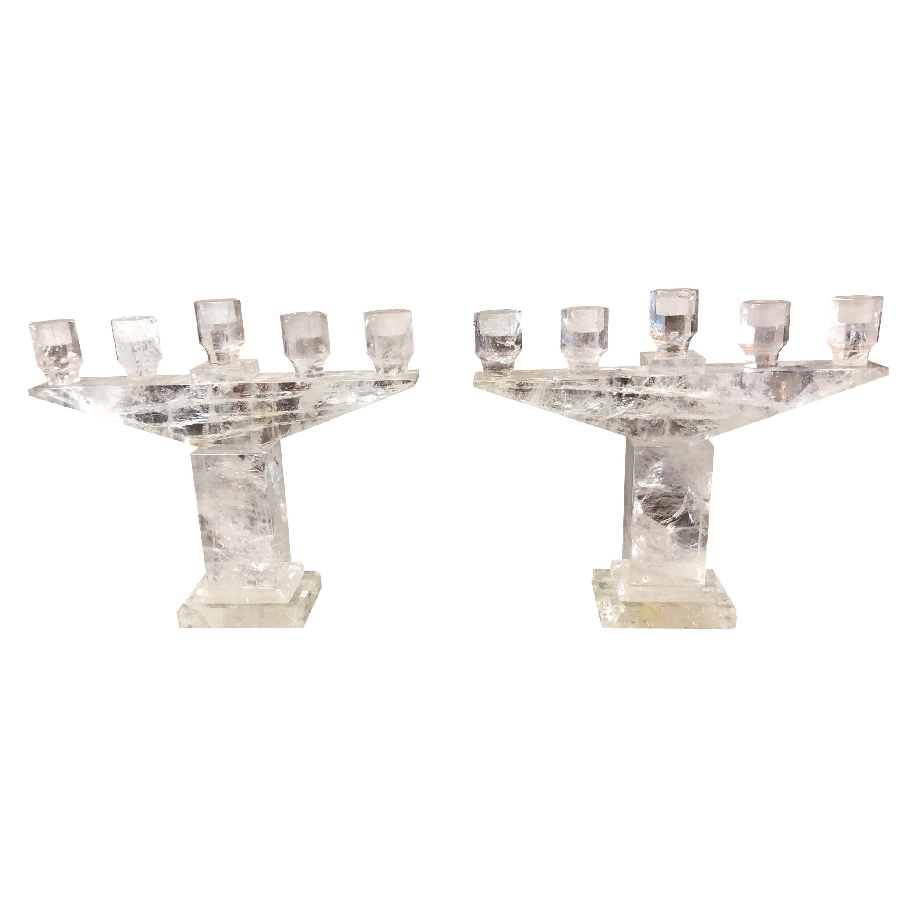 Pair of Rock Crystal 5 Light Candelabras