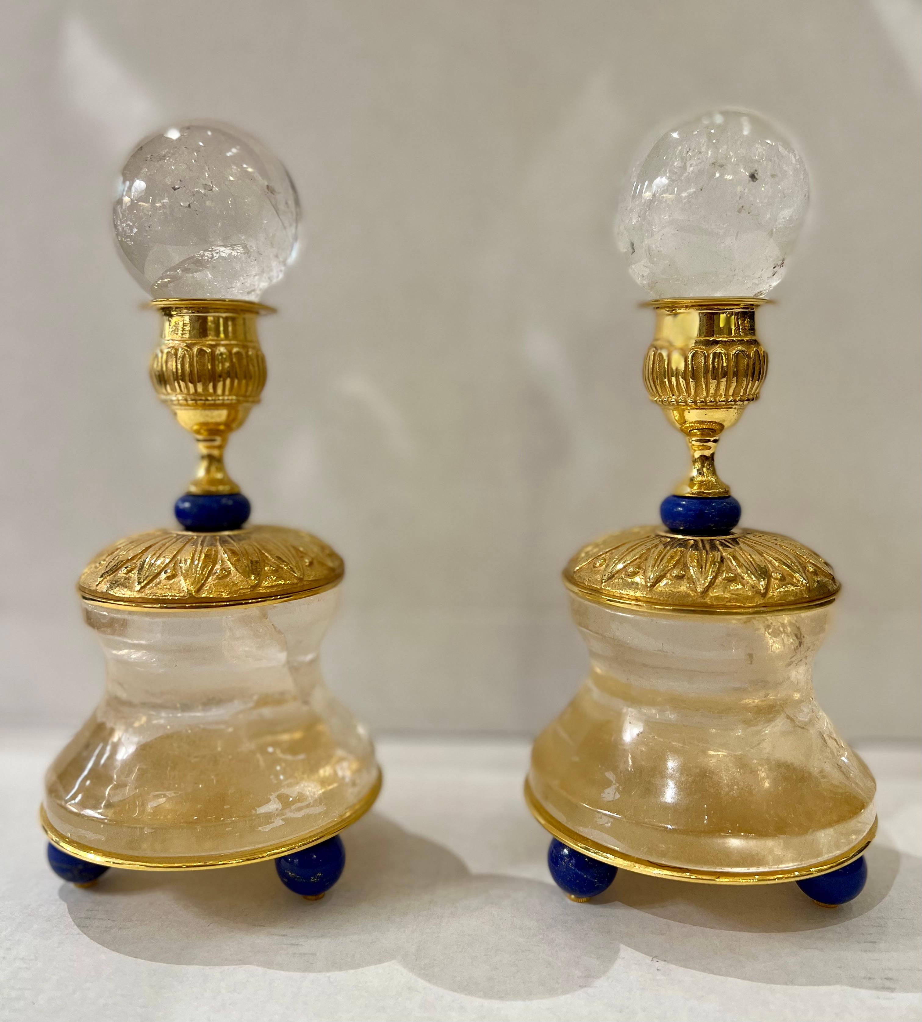 Pair of rock crystal and 24 k gold plated support rock crystal spheres (48 mm)
Unique.
