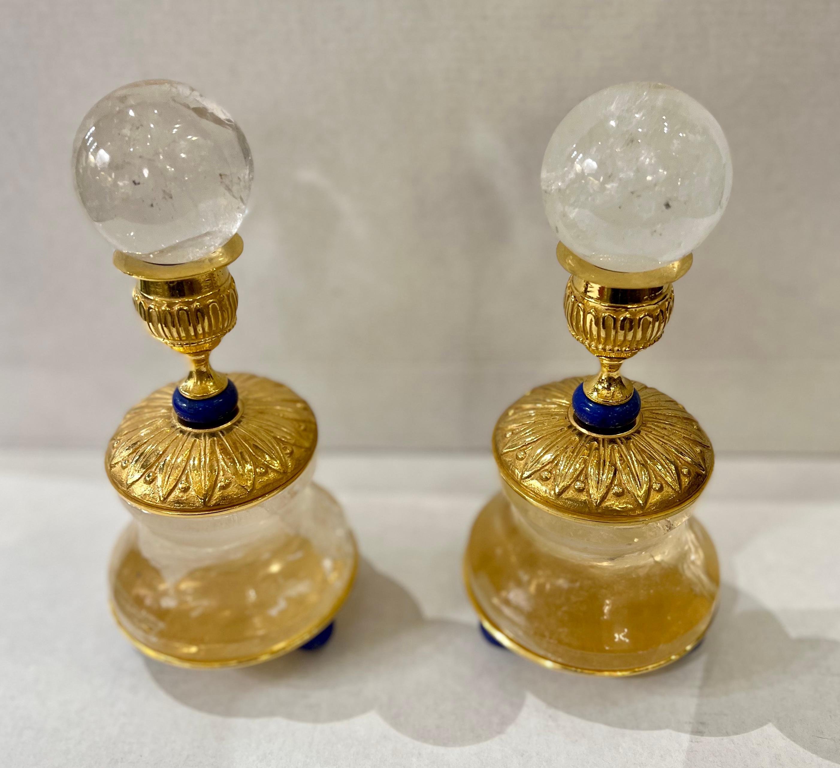 Empire Pair of Rock Crystal and 24 K Gold Plated Bronze Support Spheres Holdlers For Sale