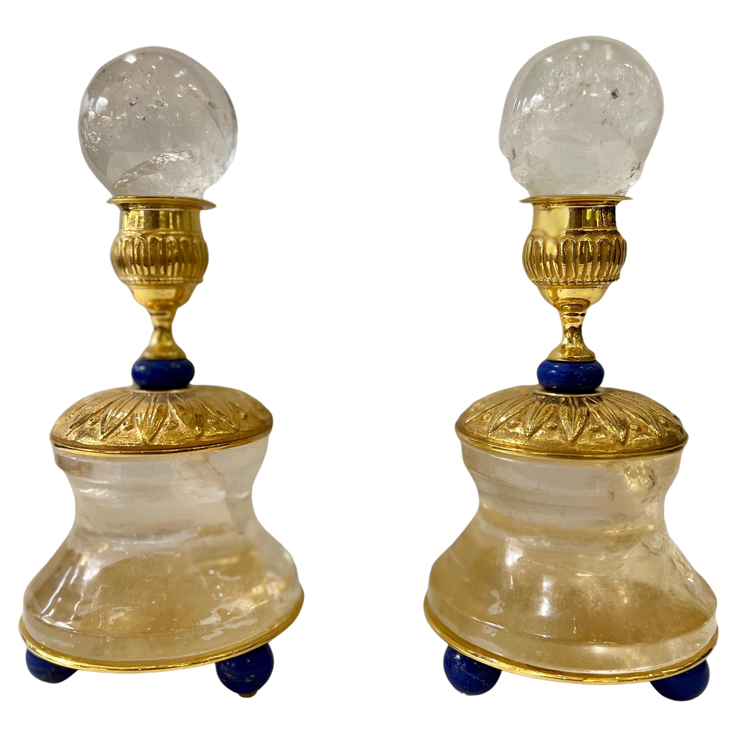 Pair of Rock Crystal and 24 K Gold Plated Bronze Support Spheres Holdlers For Sale