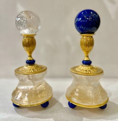 Pair of Rock Crystal and 24 K Goldplated Support of Lapis Lazuli Spheres