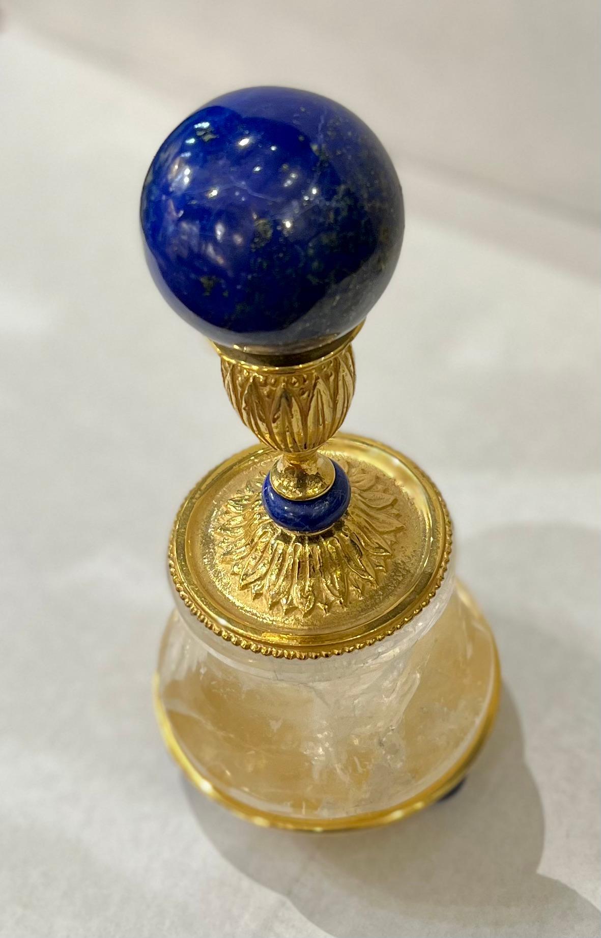 French Pair of Rock Crystal and 24 K Goldplated Support of Lapis Lazuli Spheres For Sale