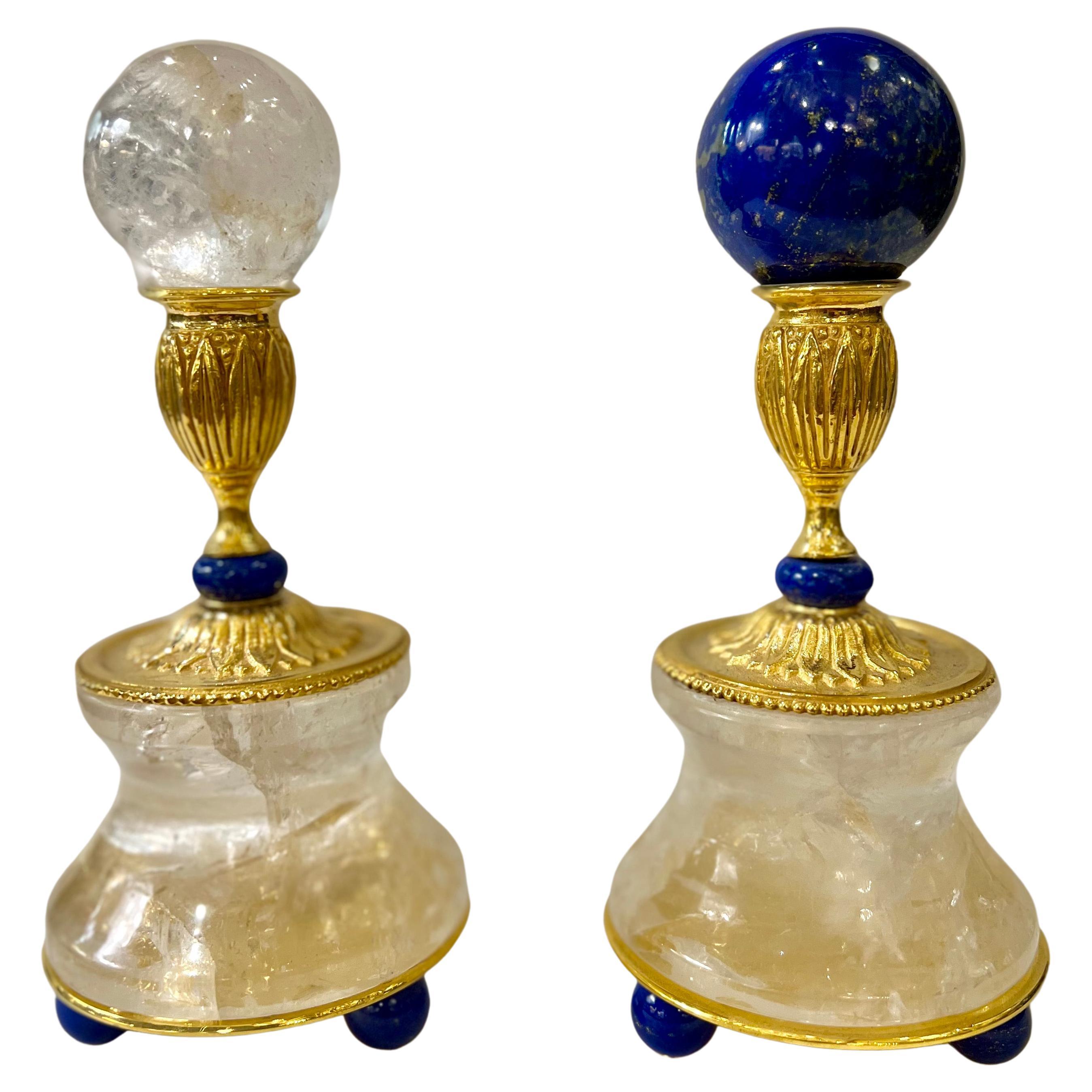 Pair of Rock Crystal and 24 K Goldplated Support of Lapis Lazuli Spheres For Sale