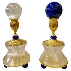 Pair of Rock Crystal and 24 K Goldplated Support of Lapis Lazuli Spheres