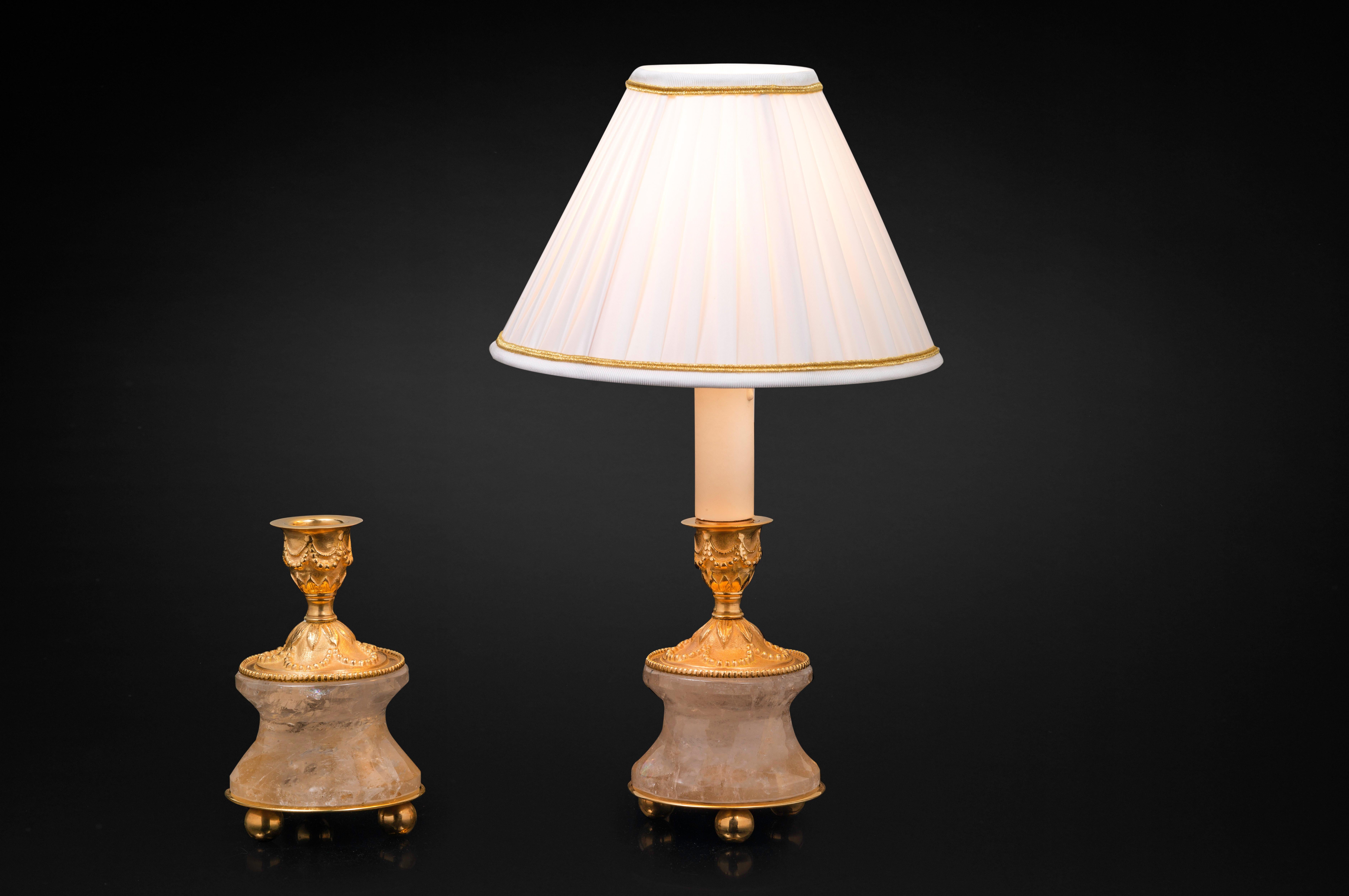 French Pair of Rock Crystal and Gilt-Bronze Lamps /Candlesticks Louis XVI Style For Sale