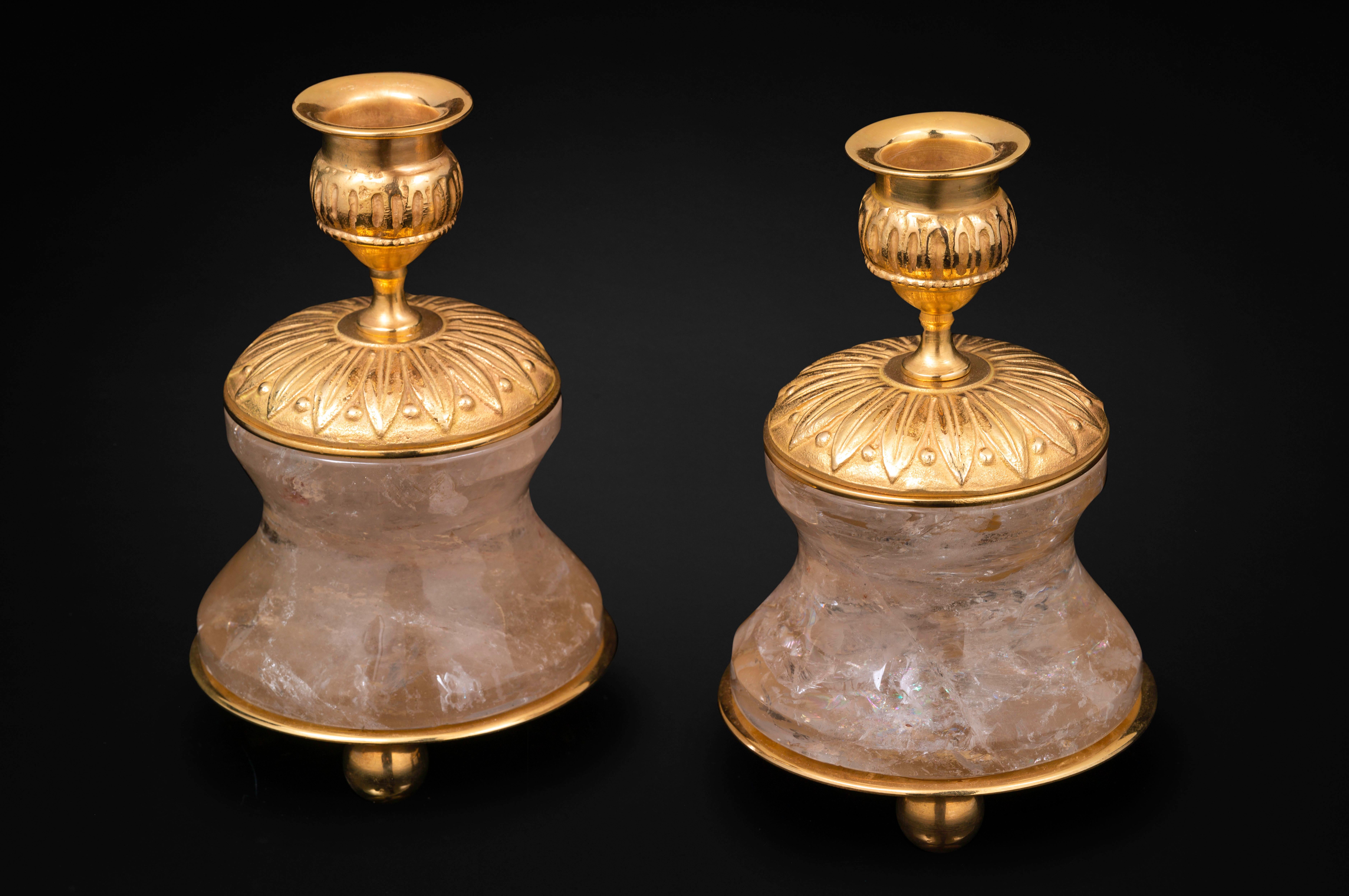 Pair of Rock Crystal and Gilt Bronze Lamps / Candlesticks Louis XVI Style In New Condition For Sale In SAINT-OUEN, FR