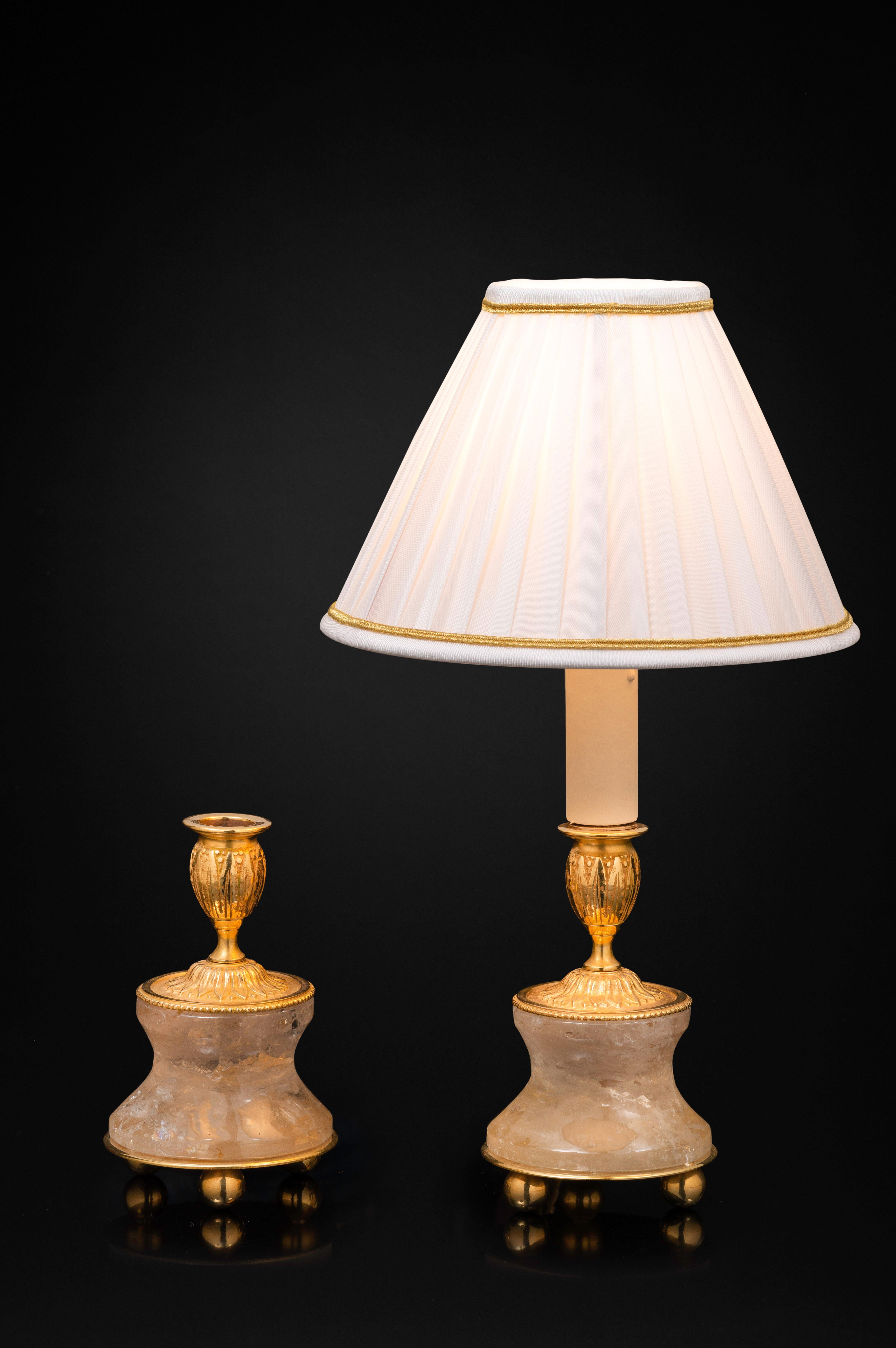 Contemporary Pair of Rock Crystal and Gilt-Bronze Lamps/Candlesticks Louis XVI Style For Sale