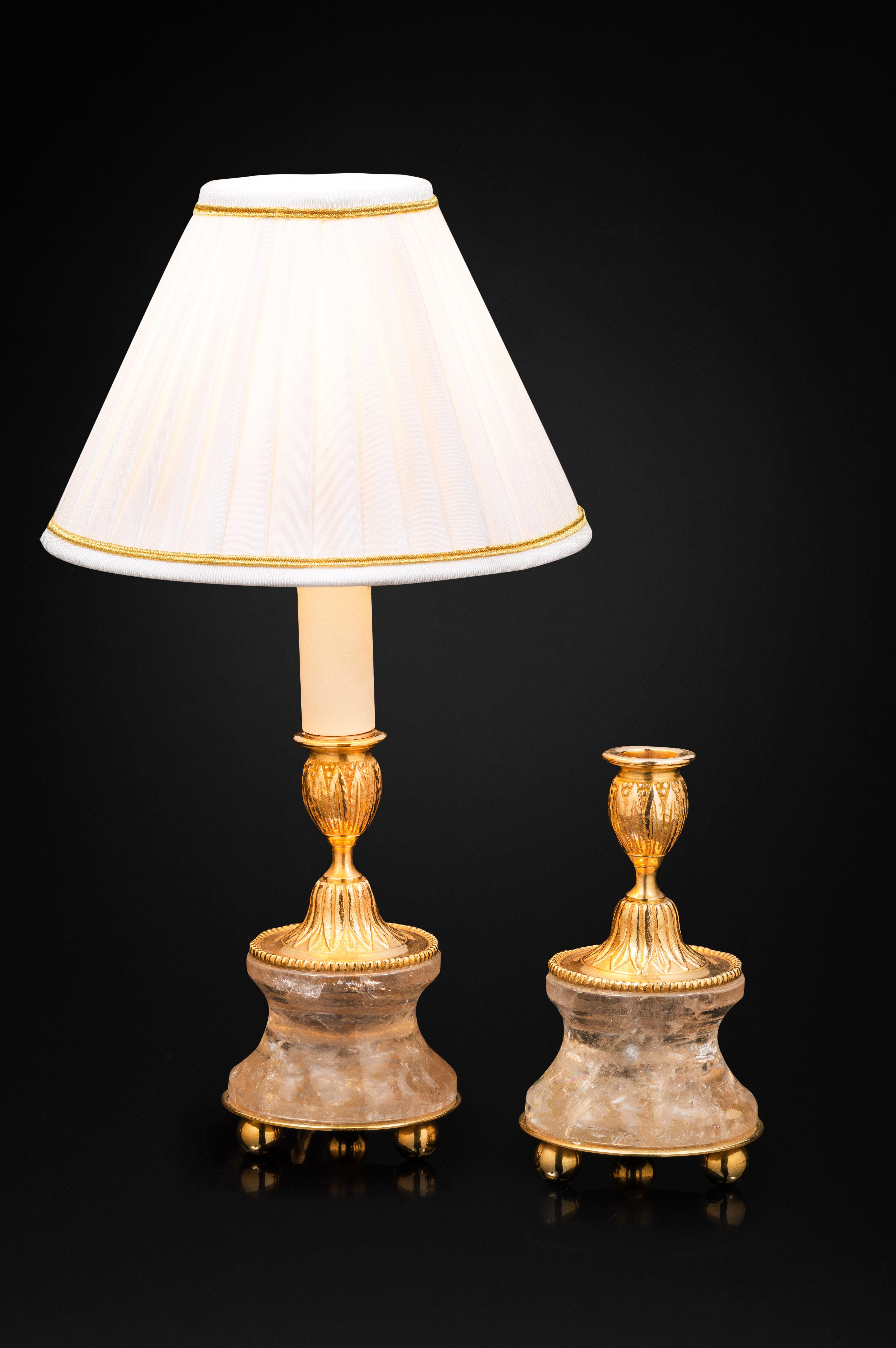 Hand-Carved Pair of Rock Crystal and Gilt Bronze Lamps or Candlesticks Louis the XVI Style For Sale
