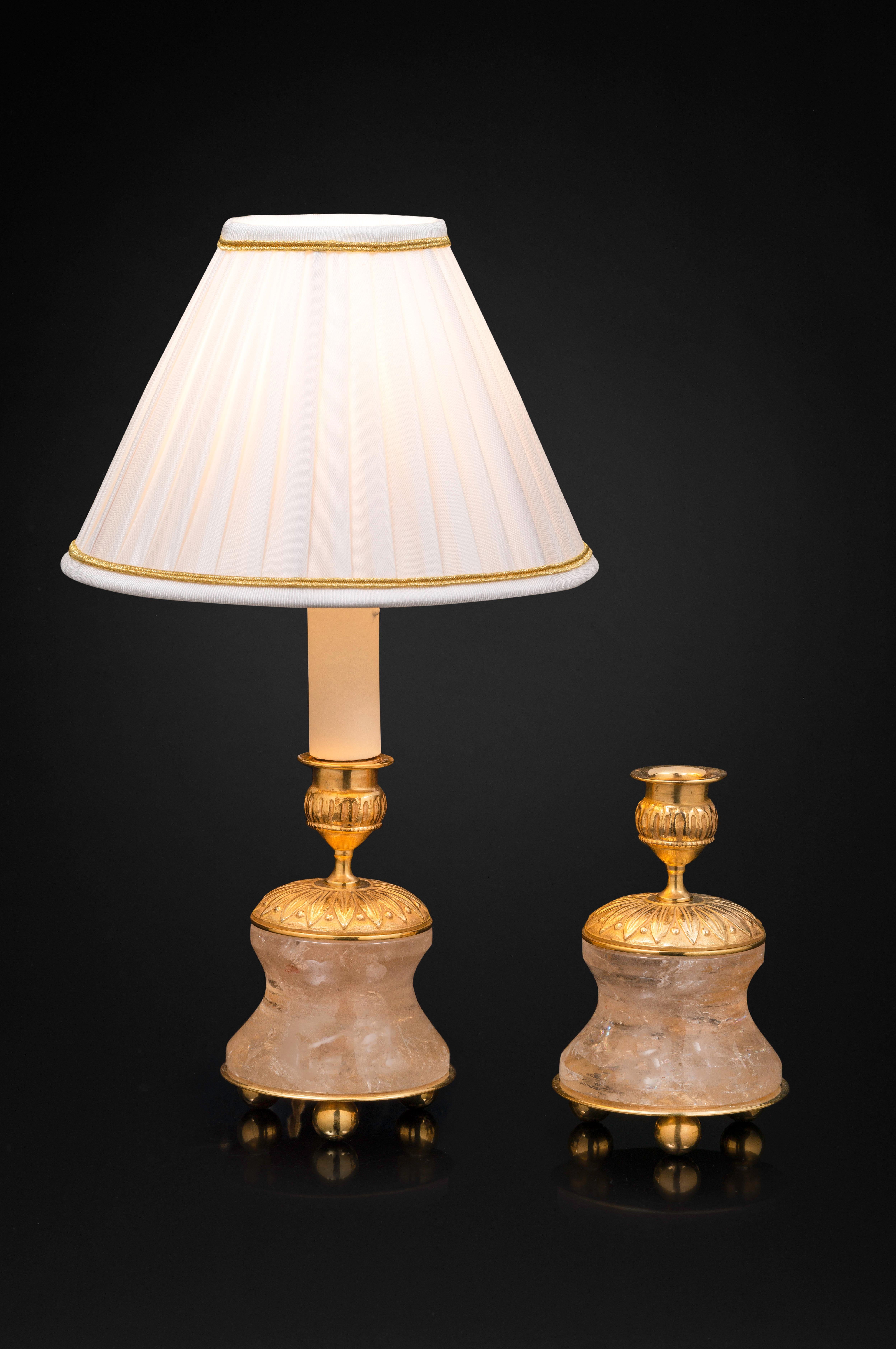 Contemporary Pair of Rock Crystal and Gilt Bronze Lamps / Candlesticks Louis XVI Style For Sale