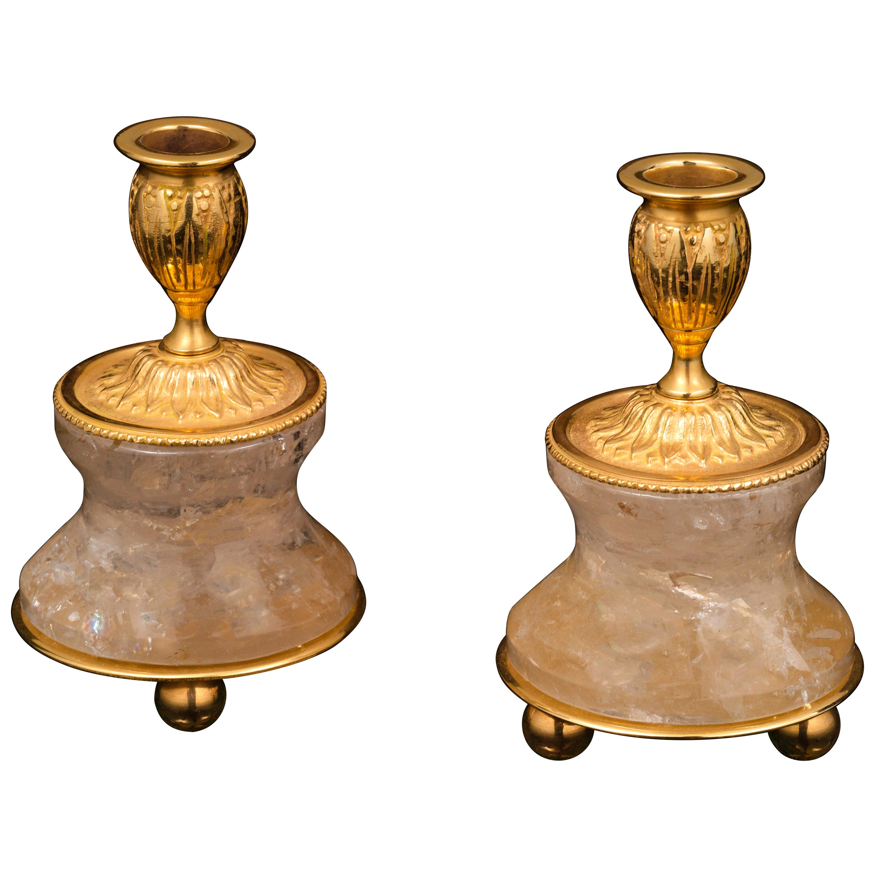 Pair of Rock Crystal and Gilt-Bronze Lamps/Candlesticks Louis XVI Style