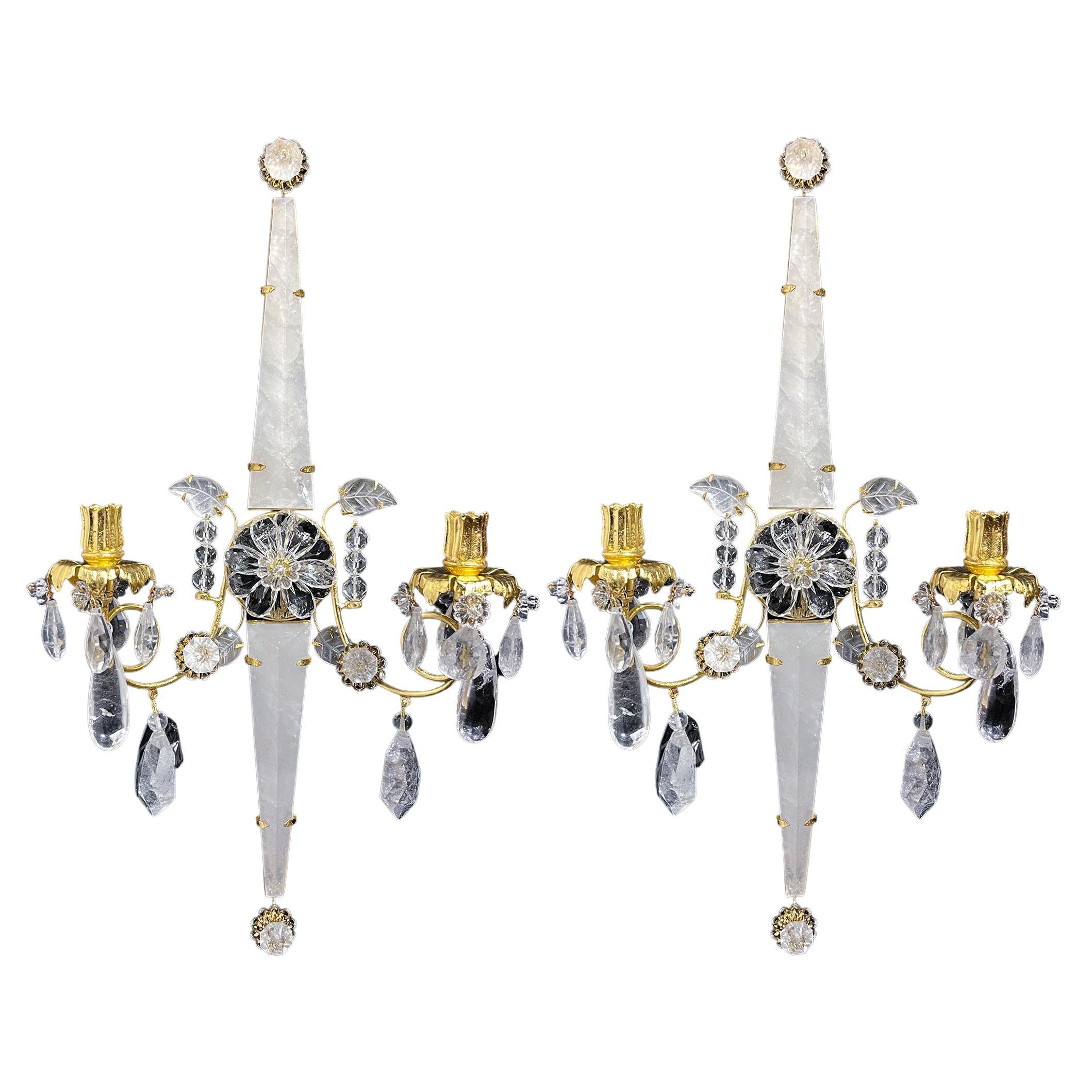 Pair of Rock Crystal and Gilt Bronze Two light Sconces in Twinkled Star Shape For Sale